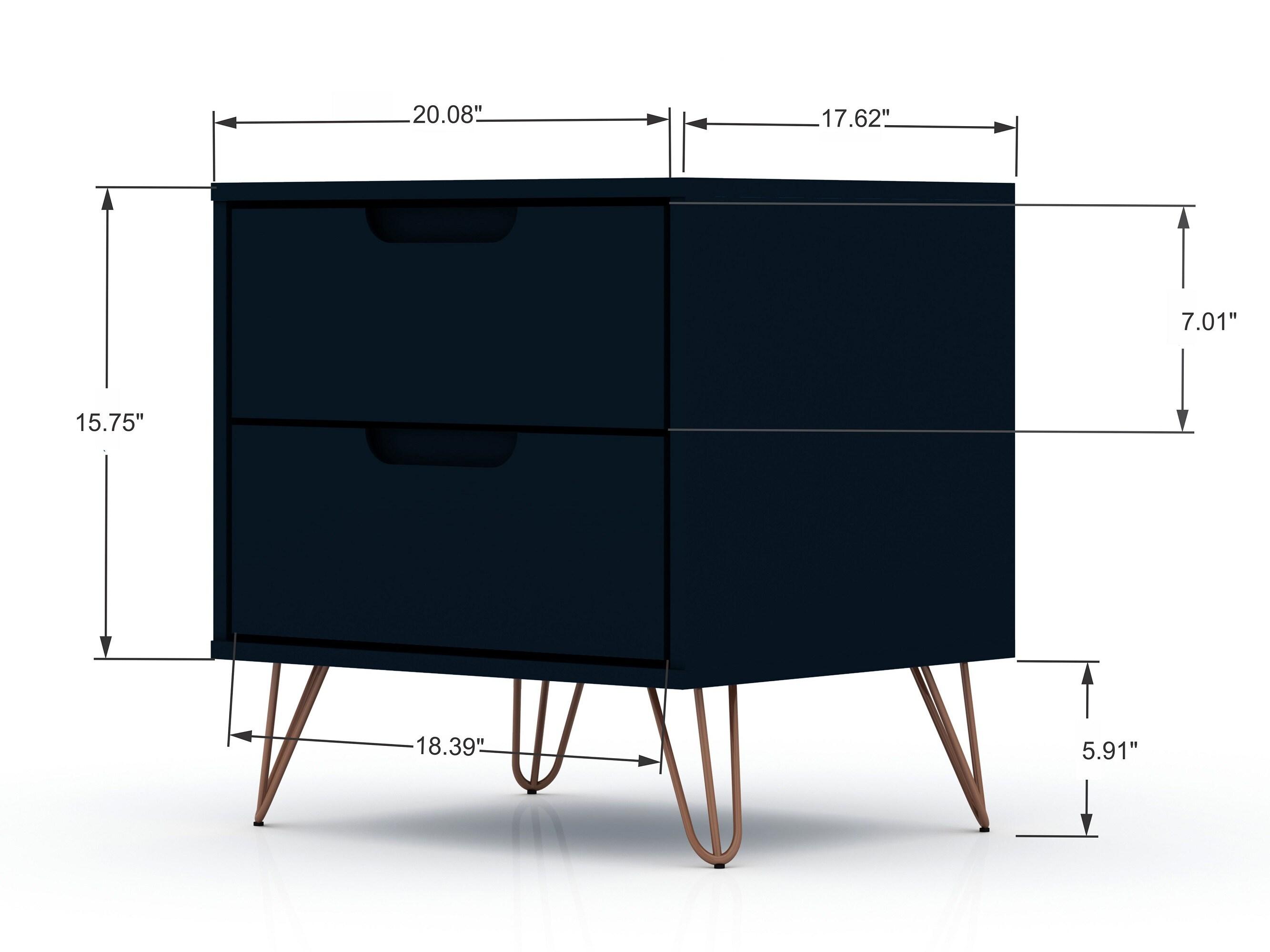 Set of 2 Rockefeller 2 Drawer Nightstands Tatiana Midnight Blue - Manhattan Comfort: Modern Splayed Metal Legs, MDF