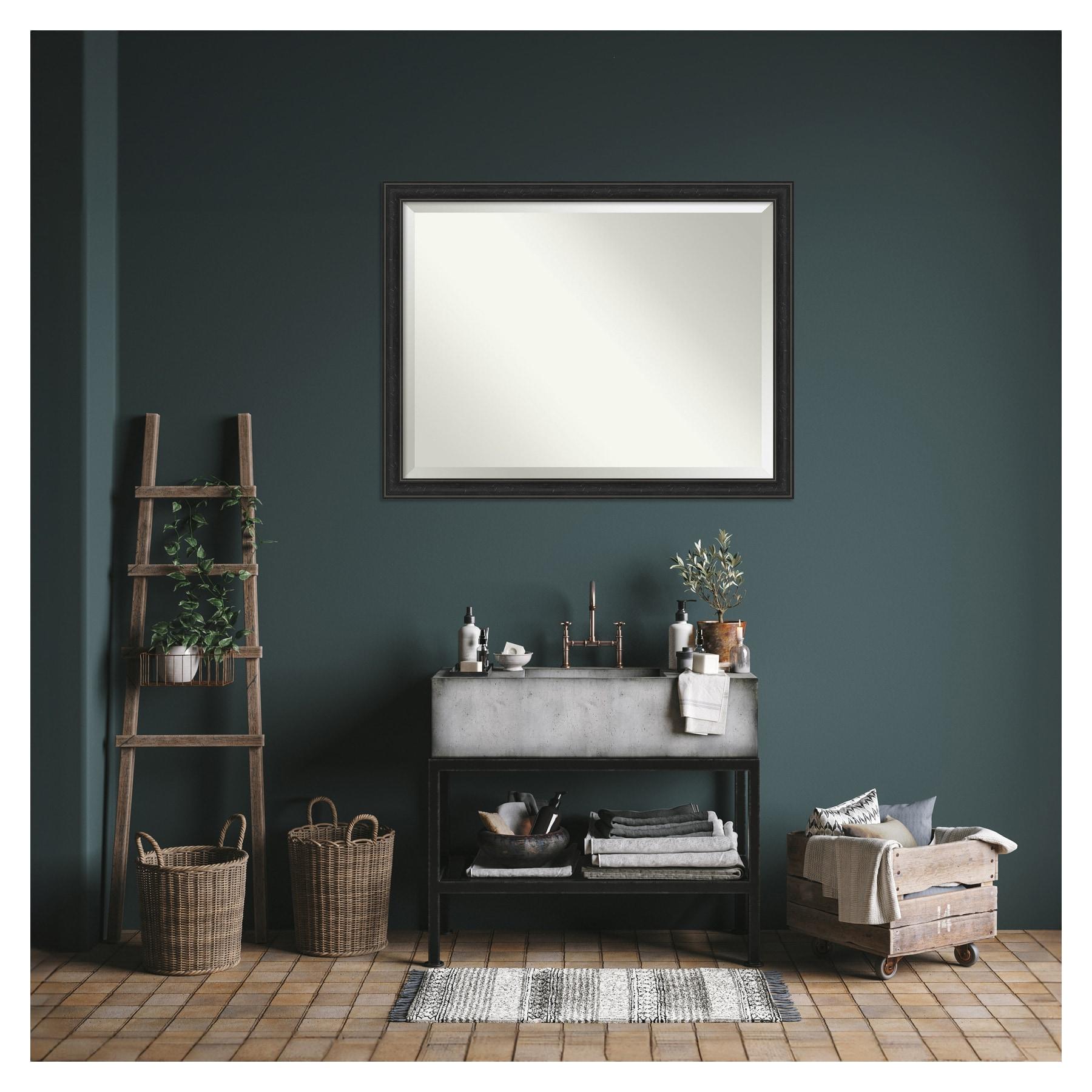 Amanti Art Beveled Bathroom Wall Mirror - Shipwreck Black Narrow Frame Outer Size: 44 x 34 in