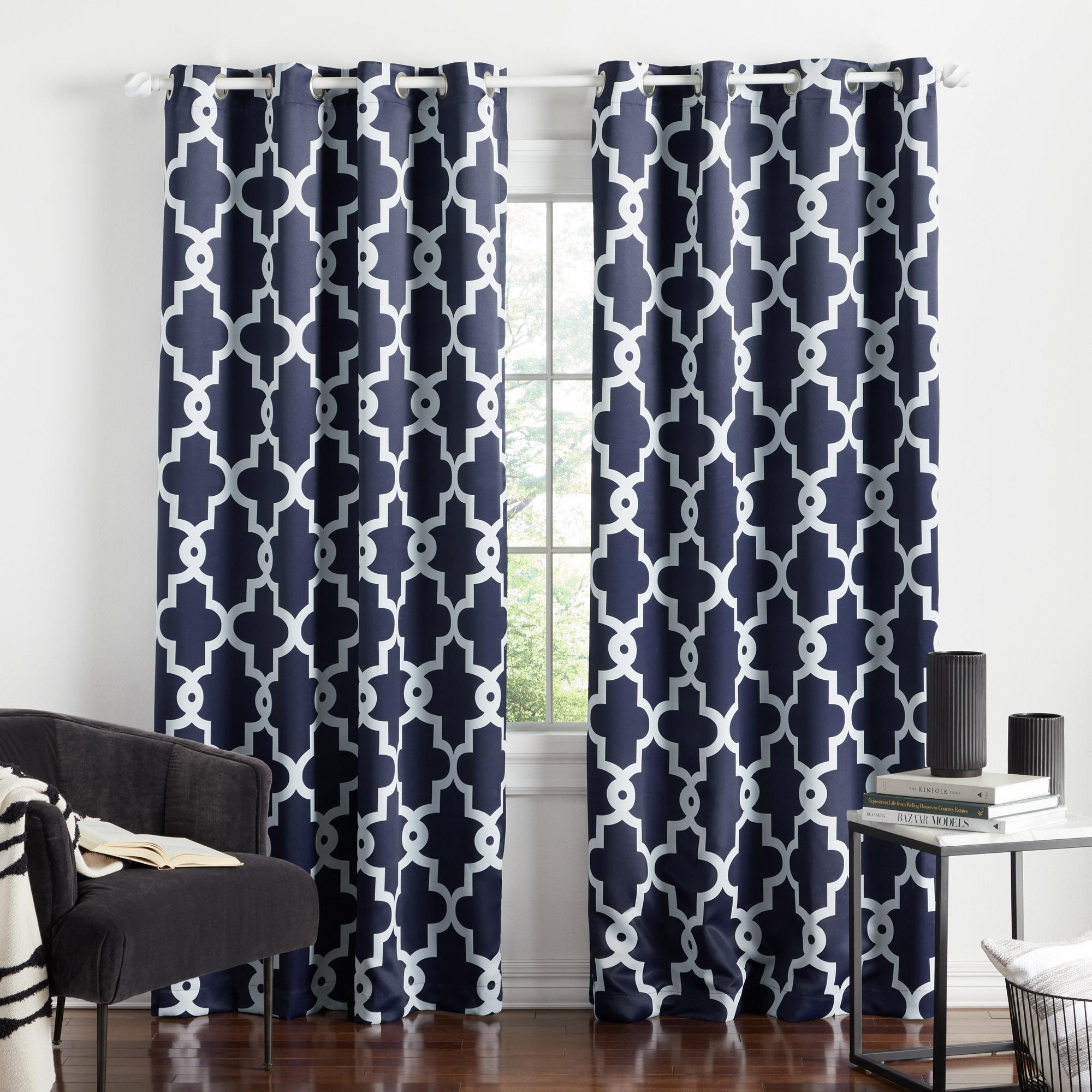 TOWN & COUNTRY EVERYDAY Ironwork Geo Trellis Sateen Indoor Curtains, Room Darkening Blackout, Grommet Top, Energy Efficient, 2-Pack Set, 52"x96", Peacoat Blue