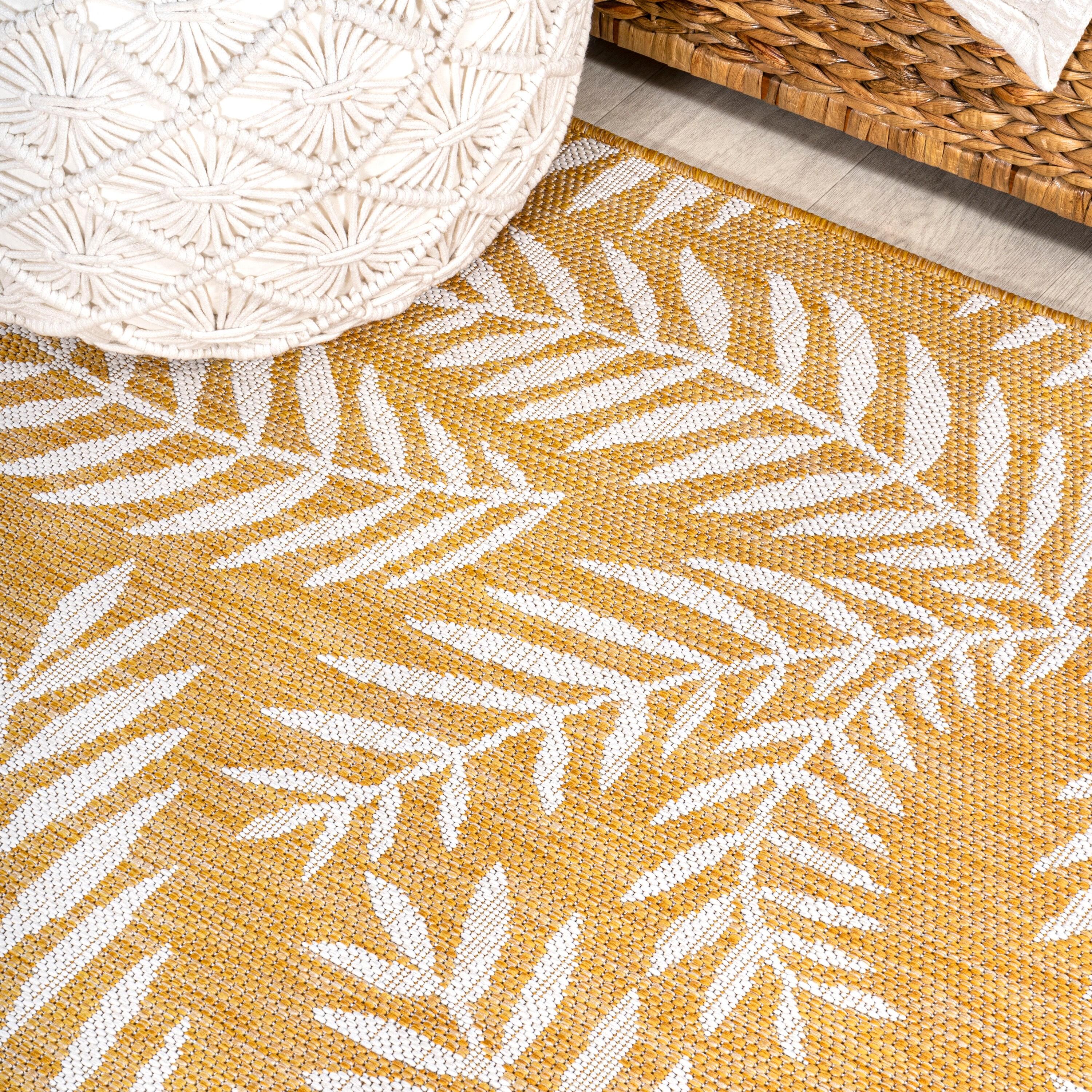 2' x 10' Nevis Palm Frond Indoor/Outdoor Runner Rug, Yellow/Cream - JONATHAN Y