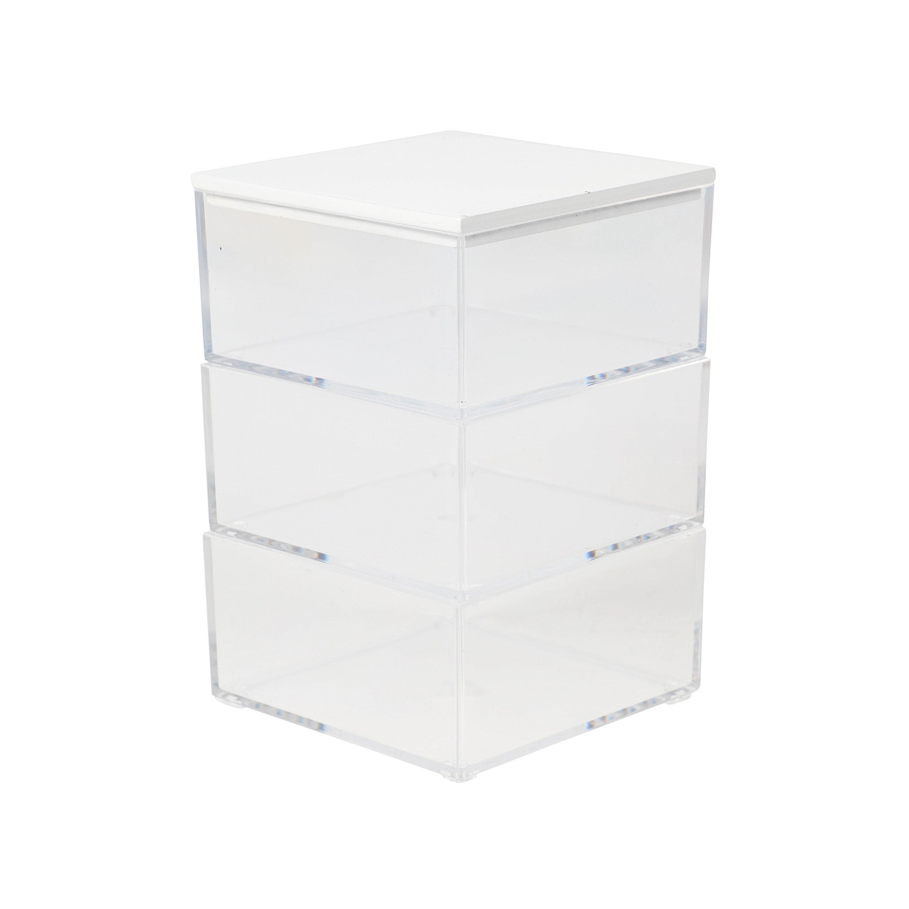 Martha Stewart Brody Clear Plastic Storage Organizer Bins with White Engineered Wood Lid for Home Office, Kitchen, or Bathroom, 3 Pack Small, 3.75" x 3"