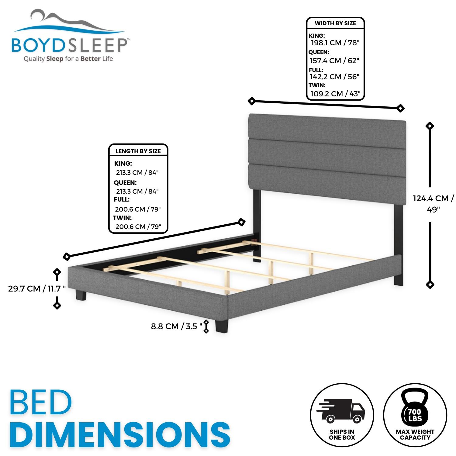 Boyd Sleep Ravenna Upholstered Linen Tri-Panel Channel Adjustable Height Headboard Platform Bed Frame