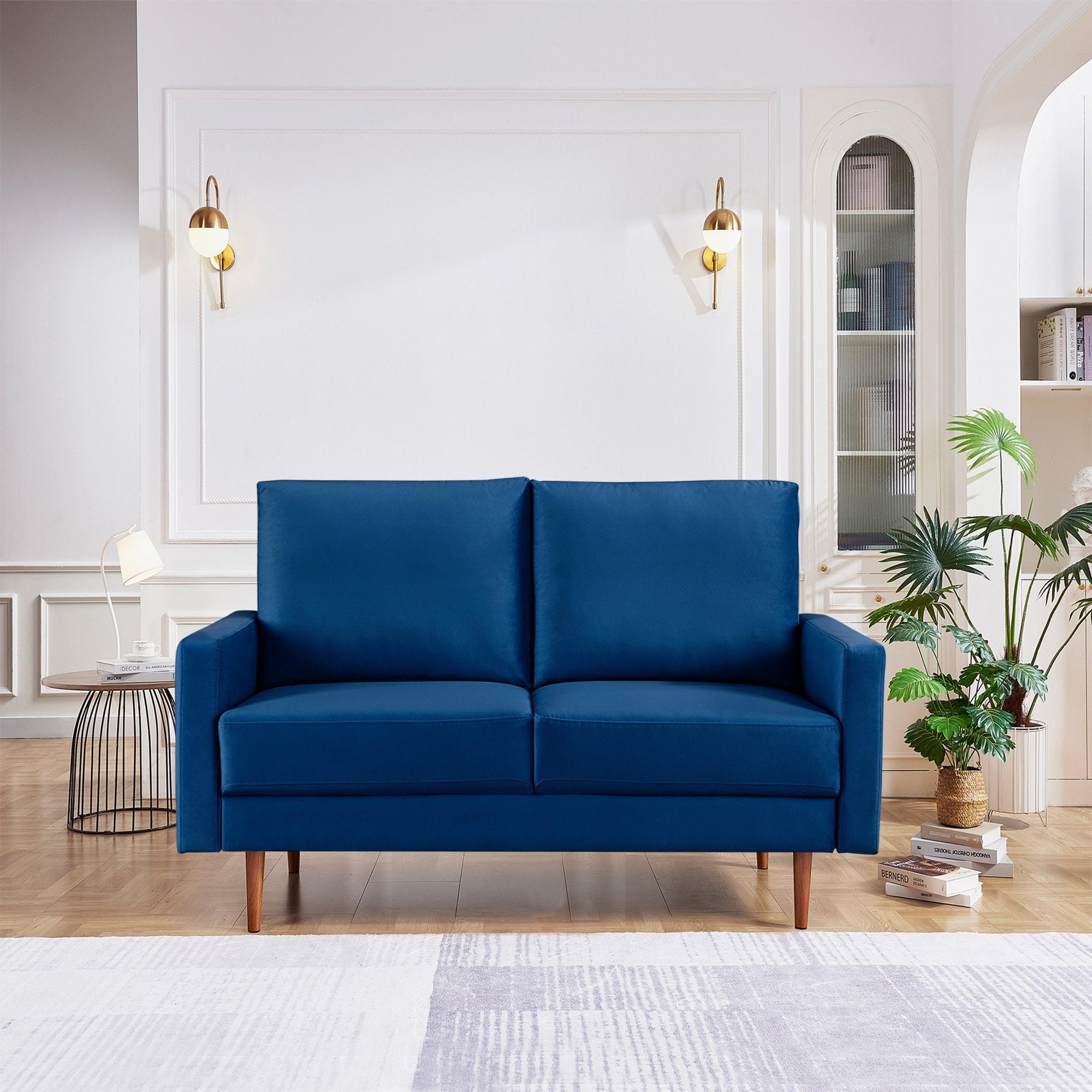 57 Inch Wide Upholstered Two Cushion Loveseat with Square Arms in Blue Velvet