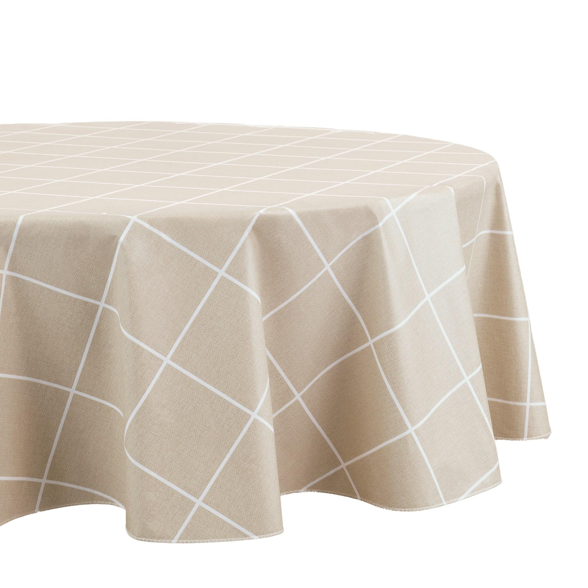 Windowpane Plaid Grid Printed Vinyl Indoor/Outdoor Tablecloth - Natural - 84x60 Oval - Elrene Home Fashions