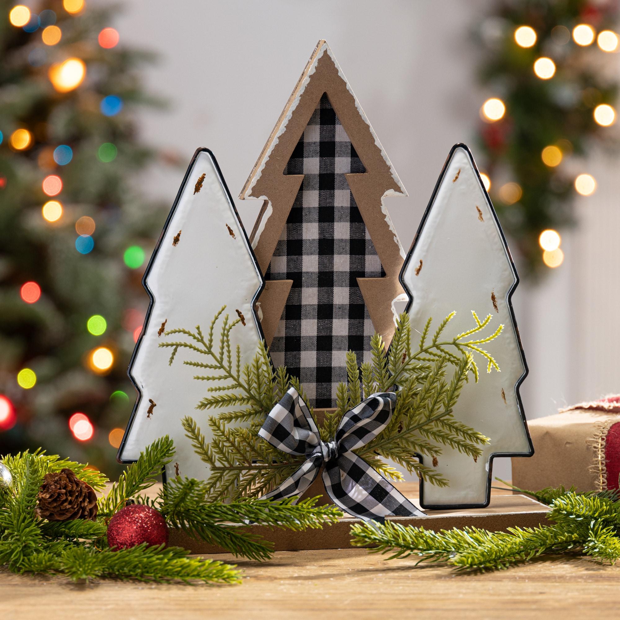 12-Inch Pine and Plastic Christmas Tree Trio with Plaid Bow