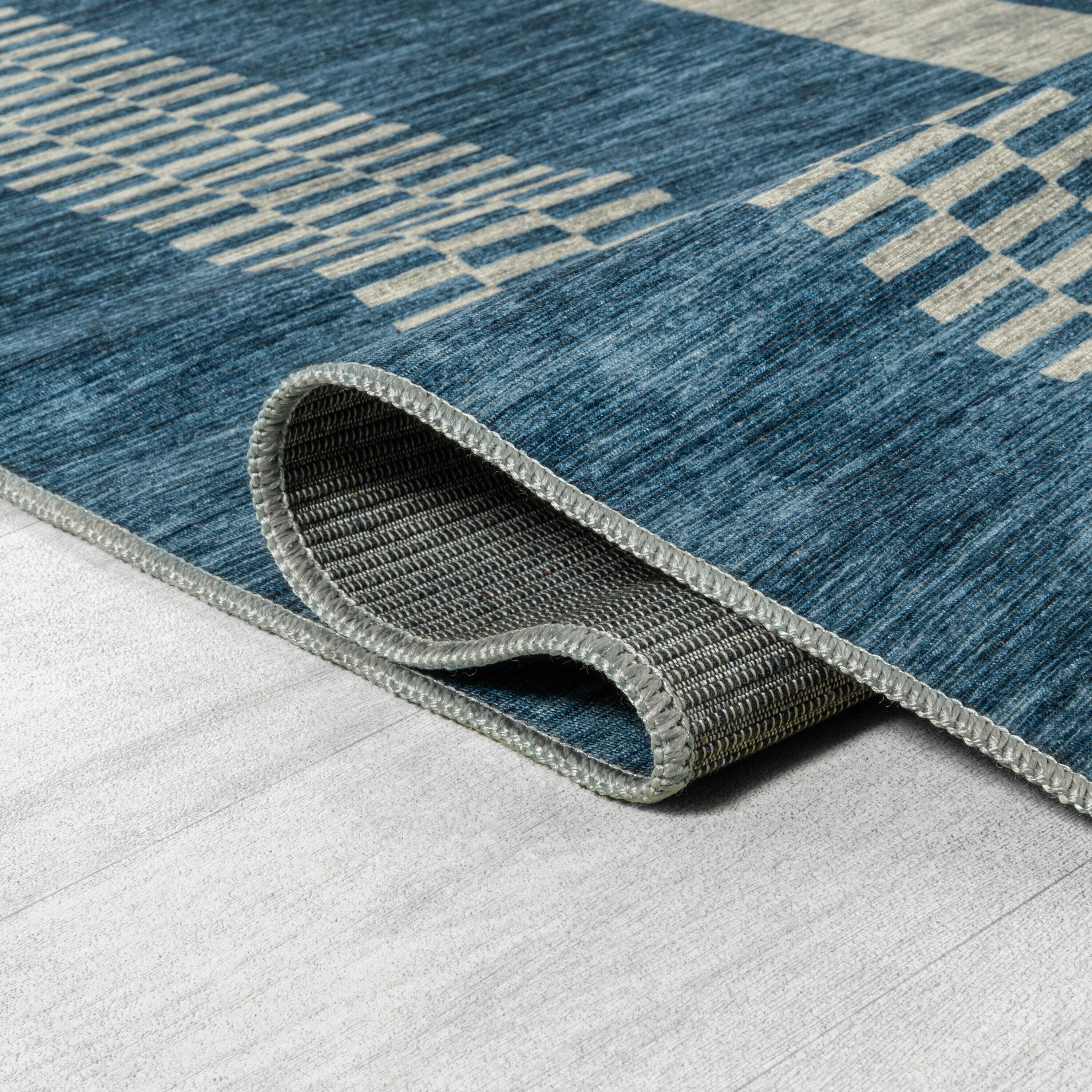 JONATHAN Y Vichy Geometric Striped Machine-Washable Blue/Cream 3 ft. x 5 ft. Area Rug