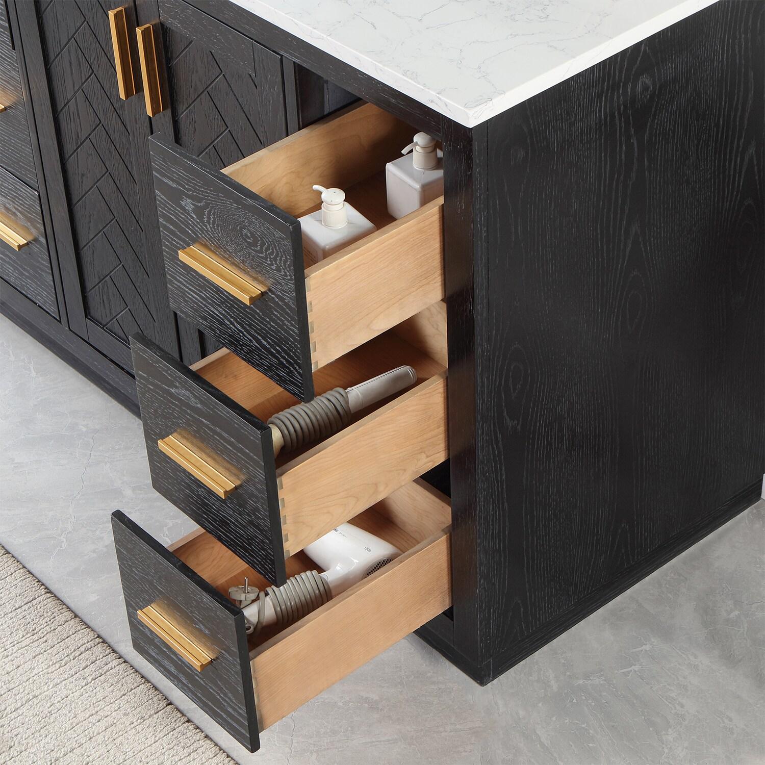 Gazsi 48" Single Bathroom Vanity Set in Black Oak with Grain White Composite Stone Countertop without Mirror