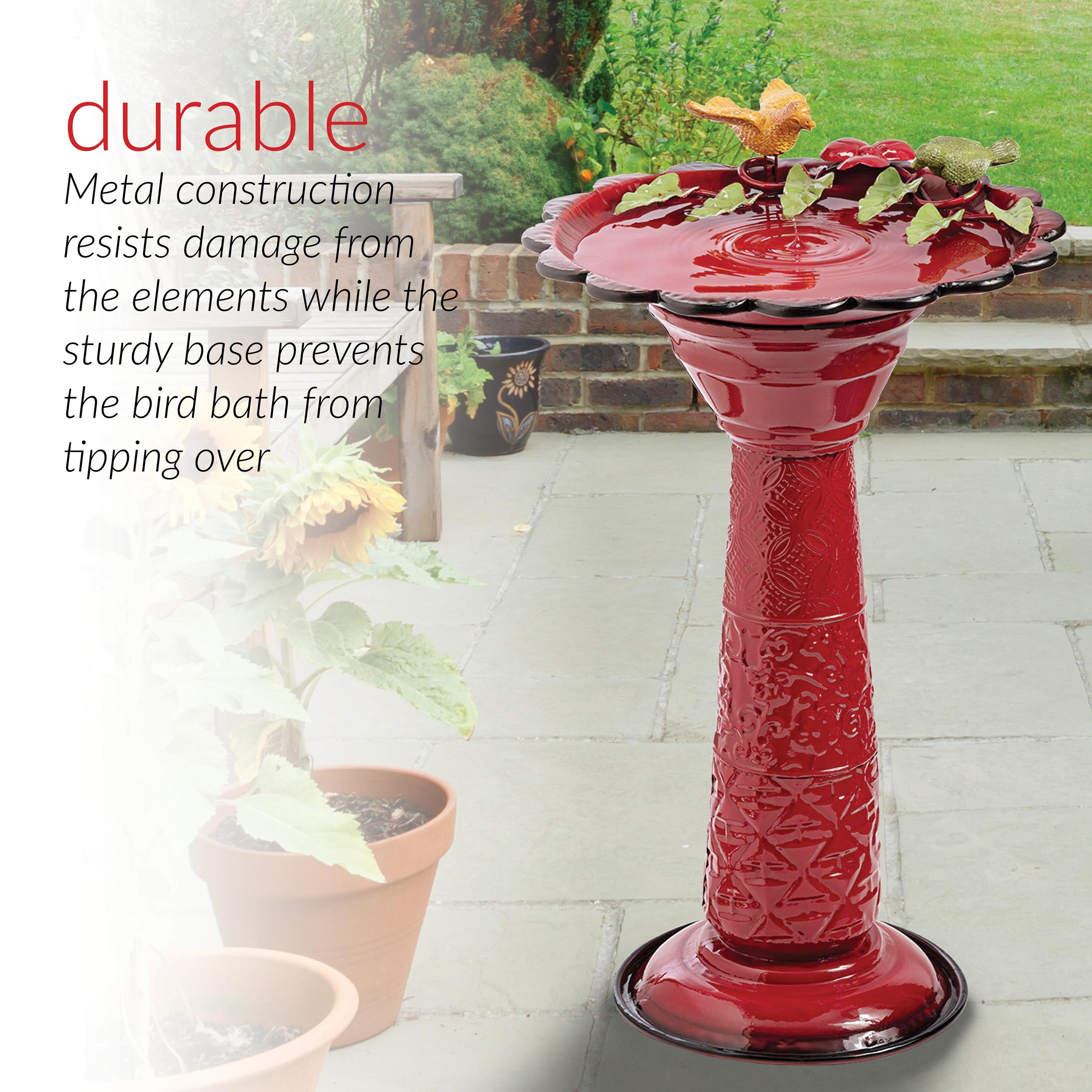 Alpine Corporation 28-Inch Metal Bird Bath with Birds and Leaves, Red