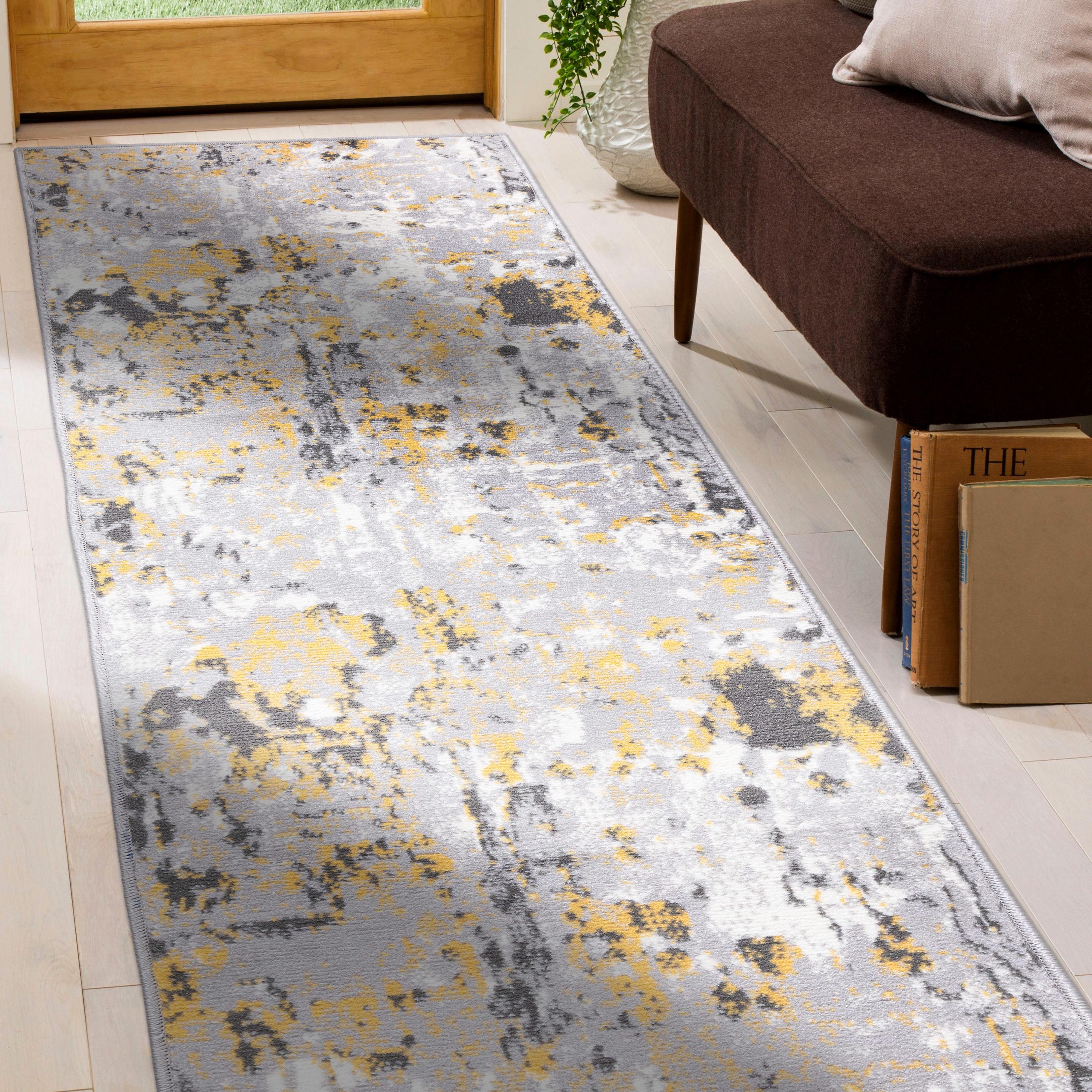 World Rug Gallery Distressed Modern Abstract Area Rug - Yellow 2' x 7'