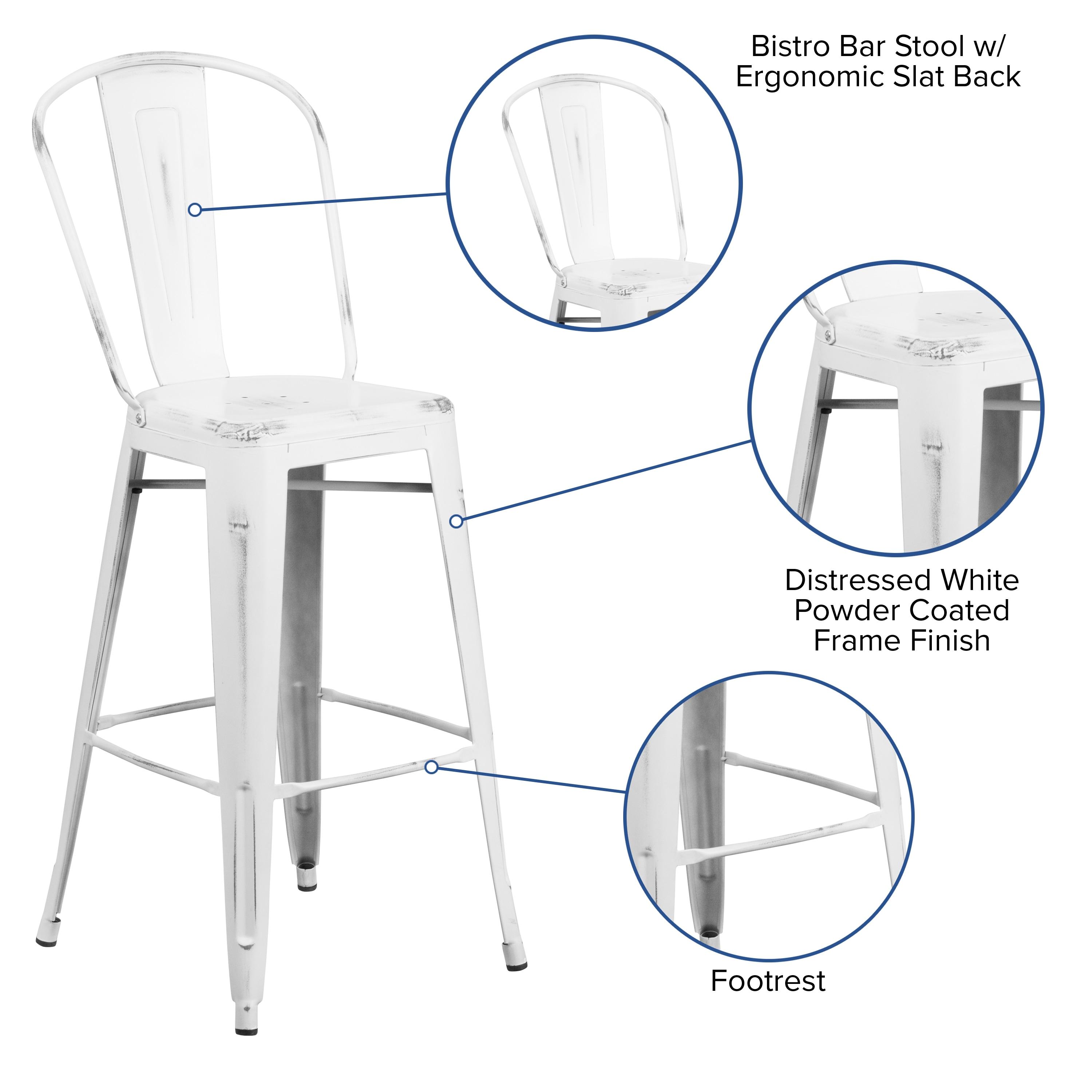 Flash Furniture Commercial Grade 30" High Distressed White Metal Indoor-Outdoor Barstool with Back