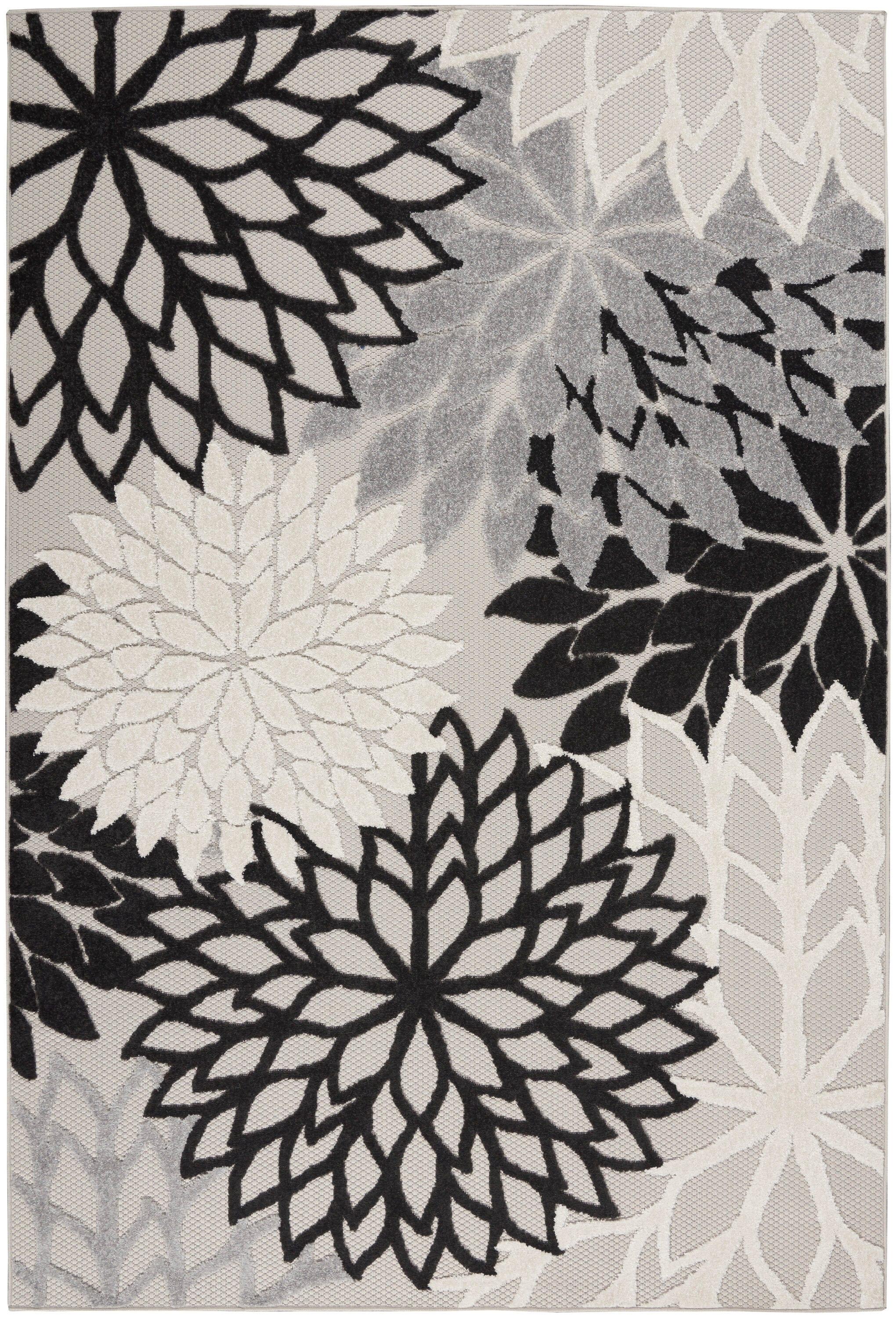 Nourison Aloha Floral Bloom Flatweave High-Low Indoor Outdoor Area Rug Black White 3'6" x 5'6"