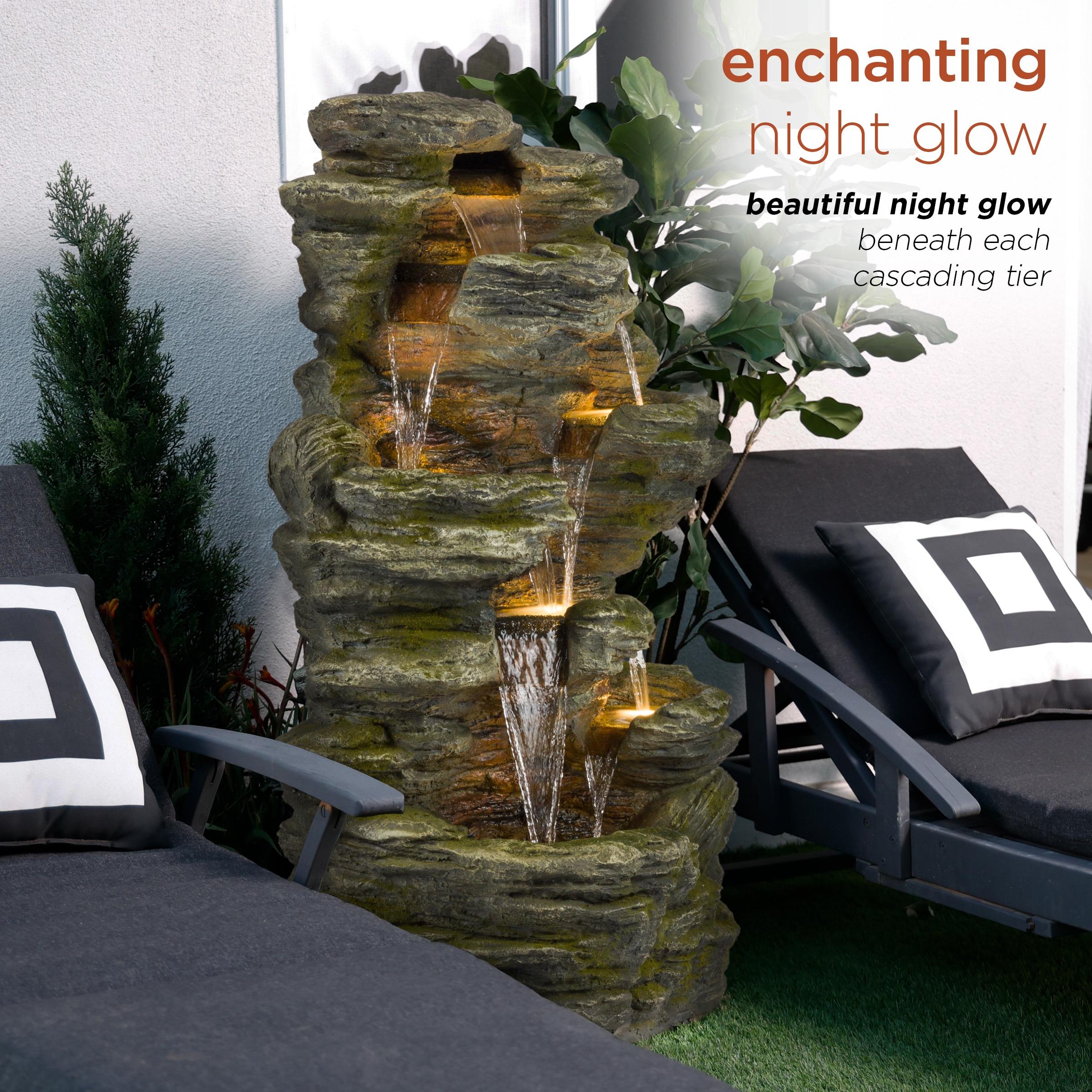 51" Resin Rock Cascading Fountain with LED Lights Gray - Alpine Corporation: Waterfall Feature, Birdbath