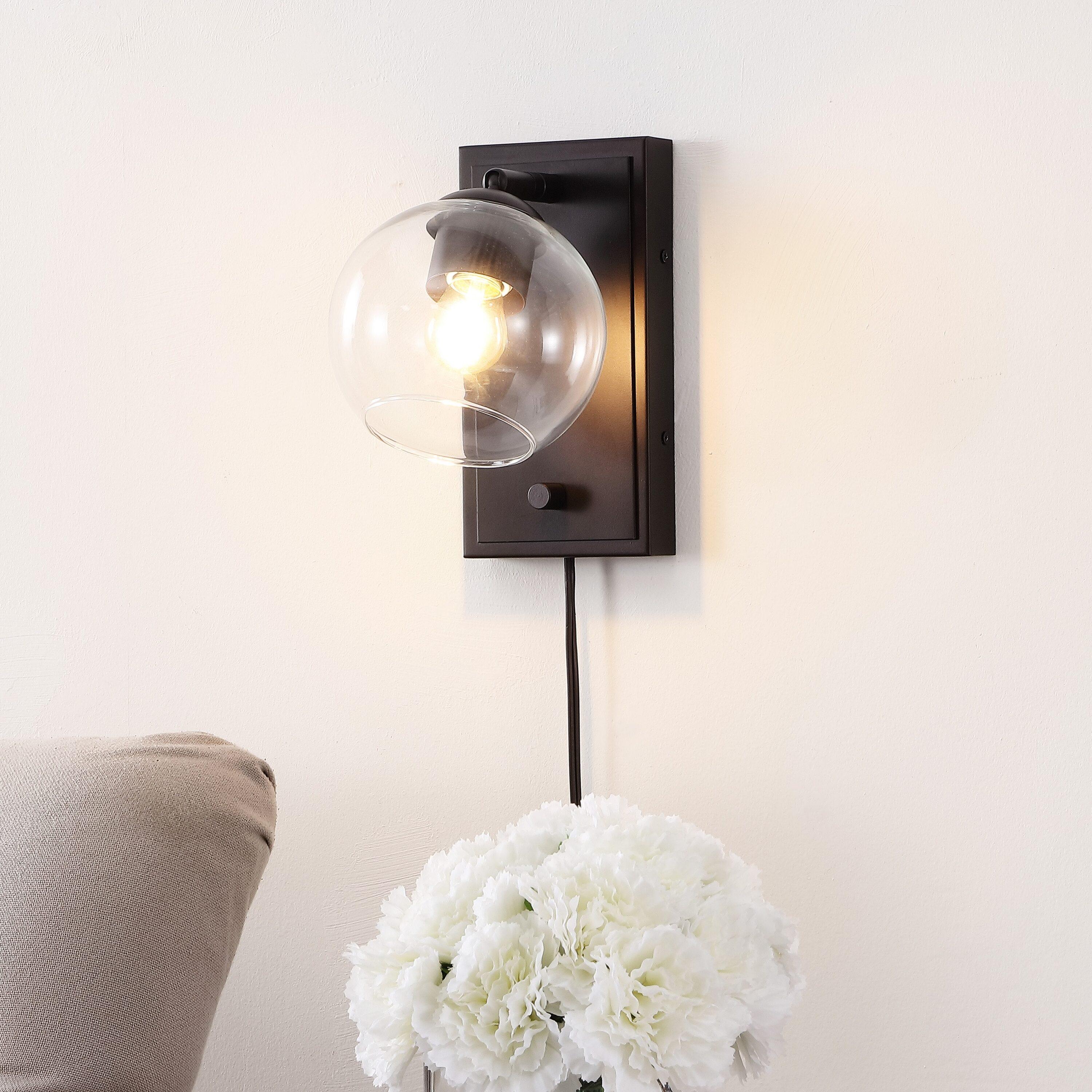 Hugo 6" 1-Light Minimalist Modern Plug-In or Hardwired Adjustable Iron LED Wall Sconce with Rotary Dimmer, Oil Rubbed Bronze with Clear Globe