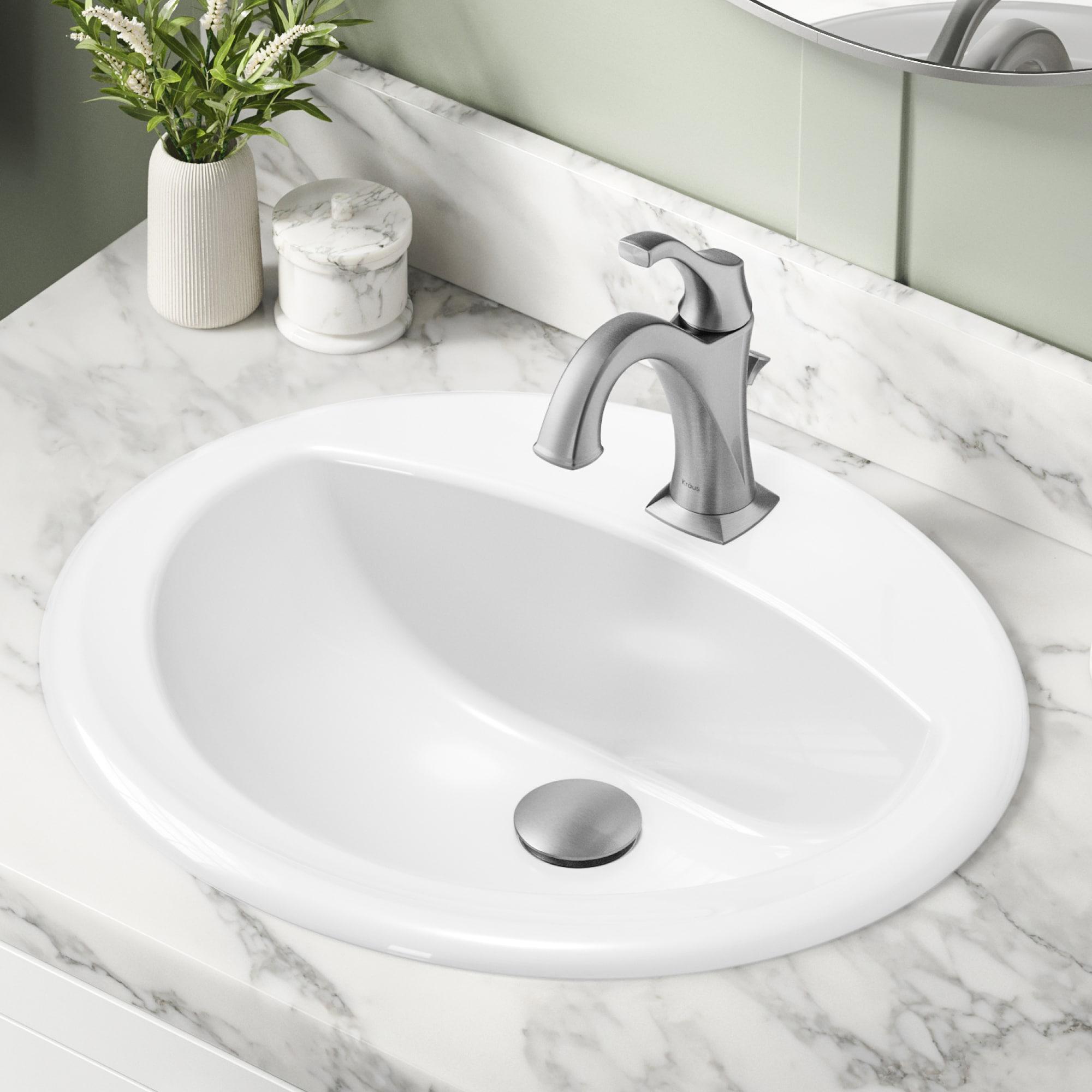 KRAUS Elavo. Oval Porcelain Ceramic Self-Rimming Drop In Bathroom Sink In White With Overflow Drain, KCT-100