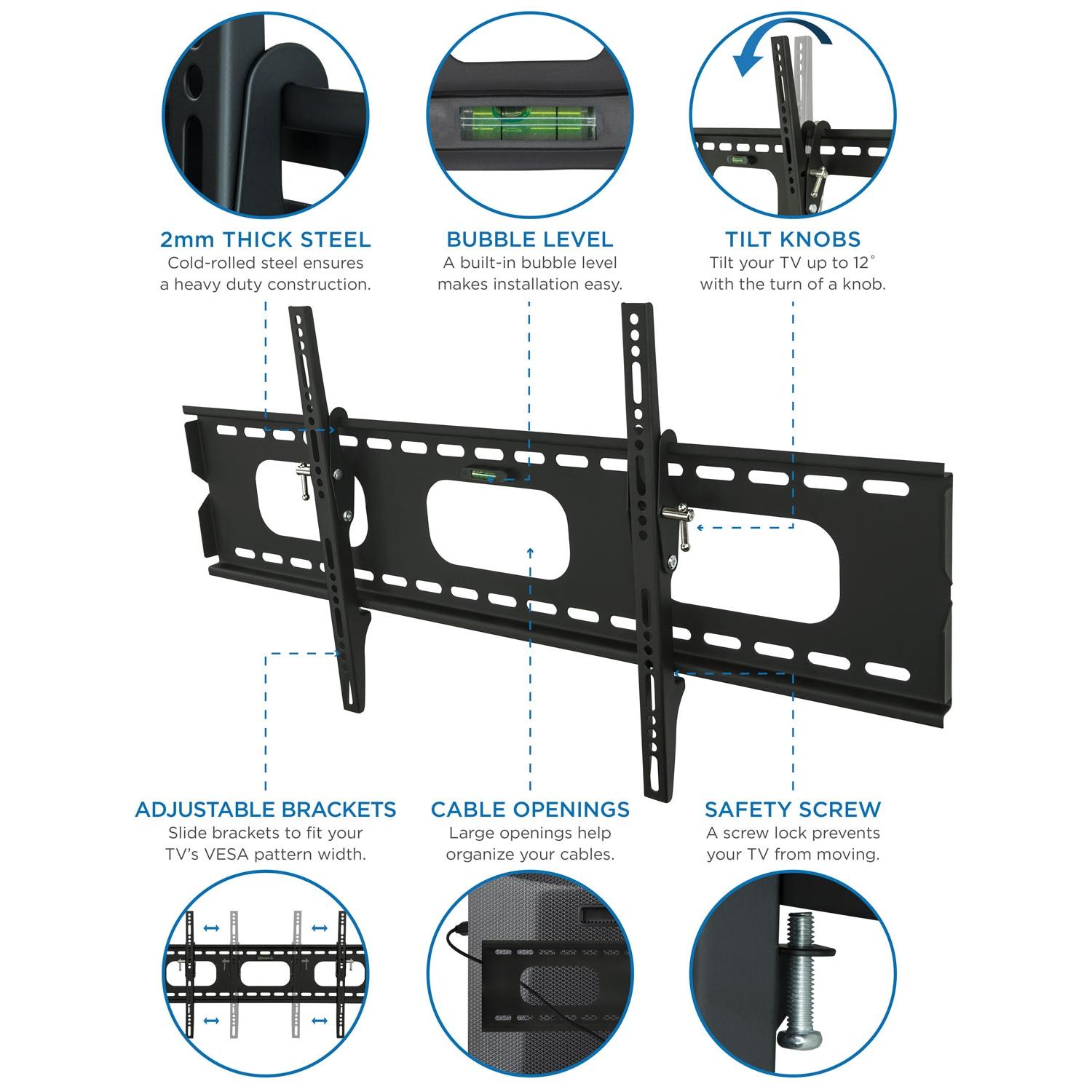 Mount-It! Low-Profile Tilting TV Mount | Flush Mount TV Bracket Wide | Ultra-Thin TV Mount with Tilt for 42-70 in. Screen TVs | 220 lbs. Capacity