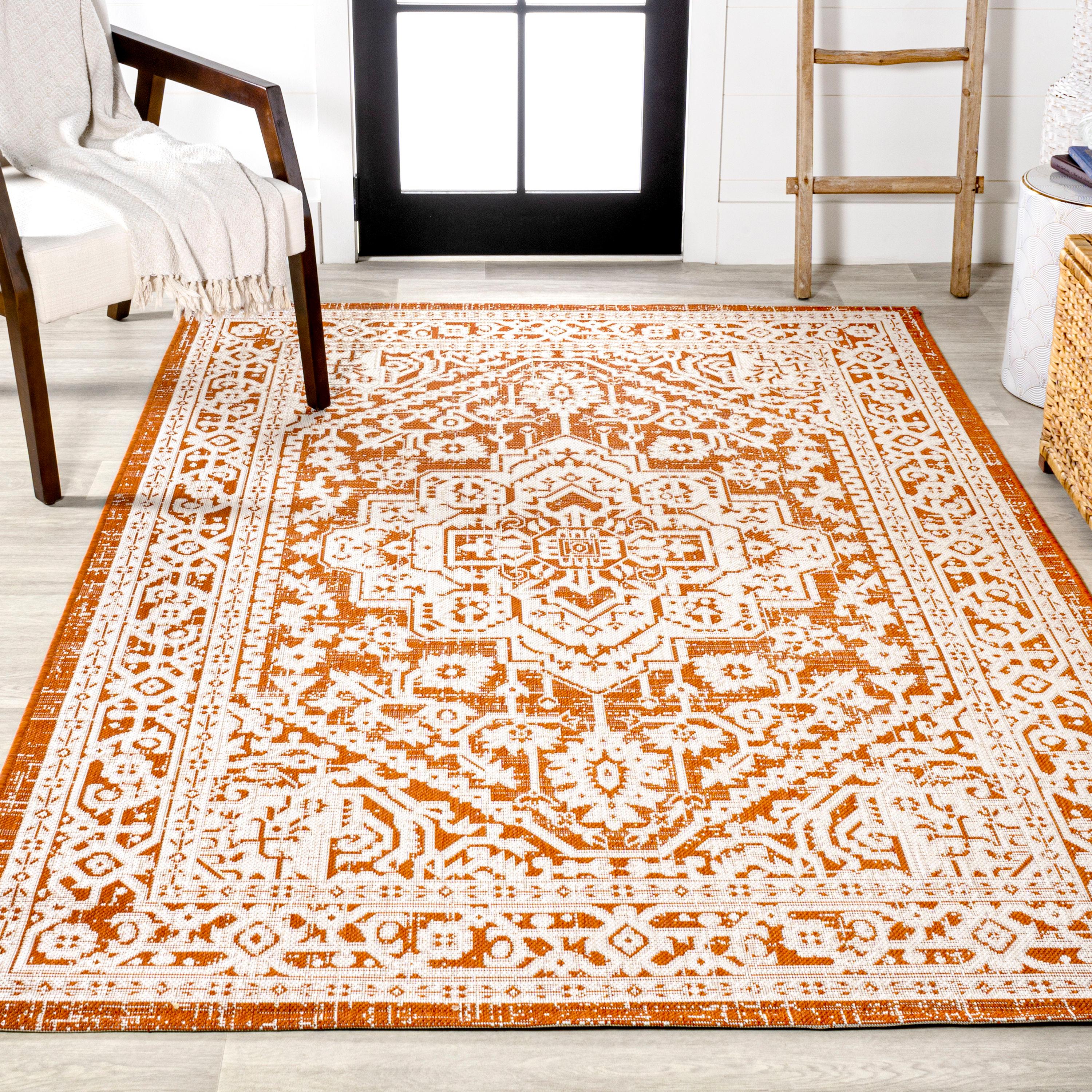 9' x 12' Sinjuri Medallion Textured Weave Indoor/Outdoor Area Rug, Orange/Cream - JONATHAN Y