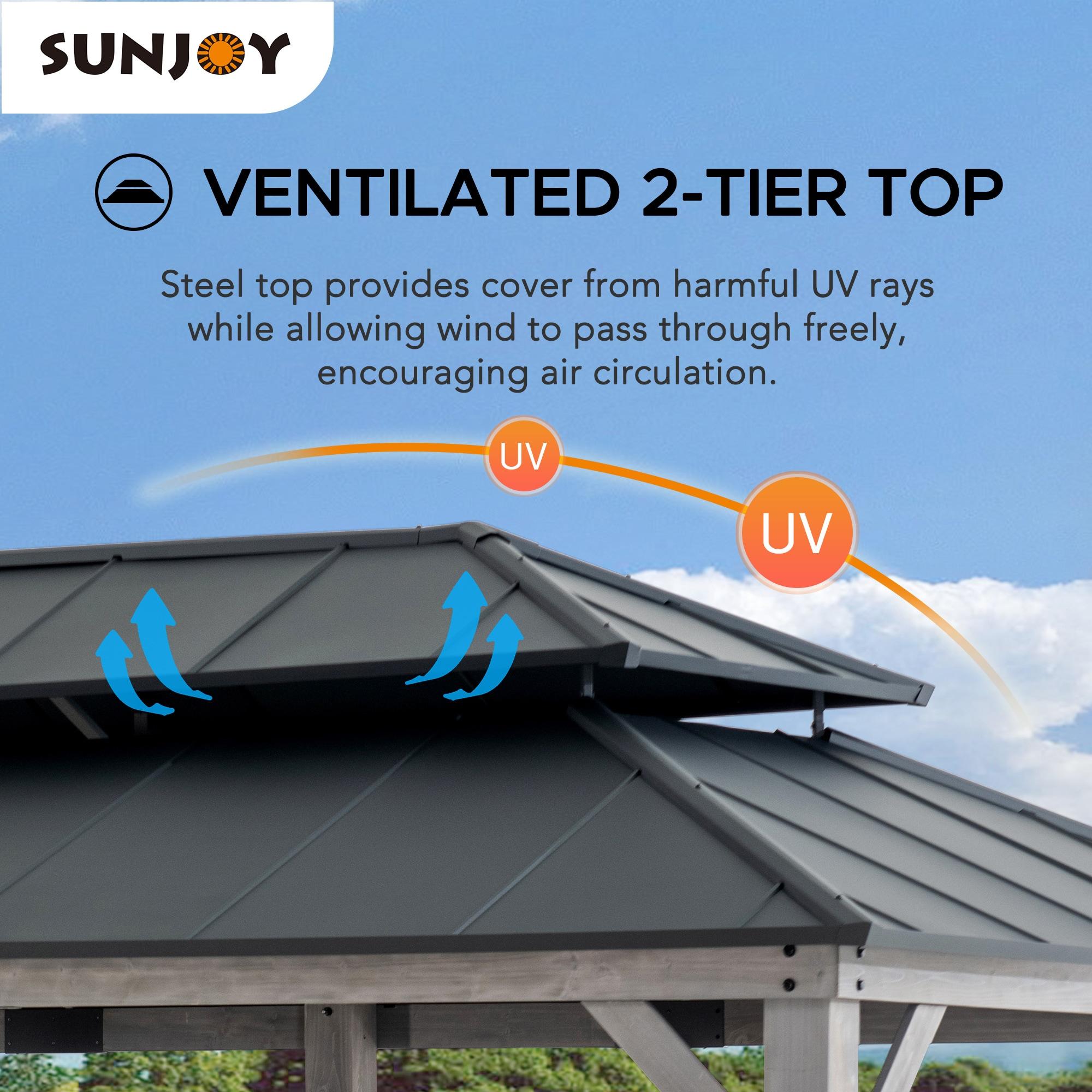 Sunjoy 12 x 20 ft. Wood Gazebo, Outdoor Patio Aluminum Hardtop Gazebo, Cedar Framed Wooden Gazebo with 2-Tier Roof, Suitable for Patios, Lawn and Backyard