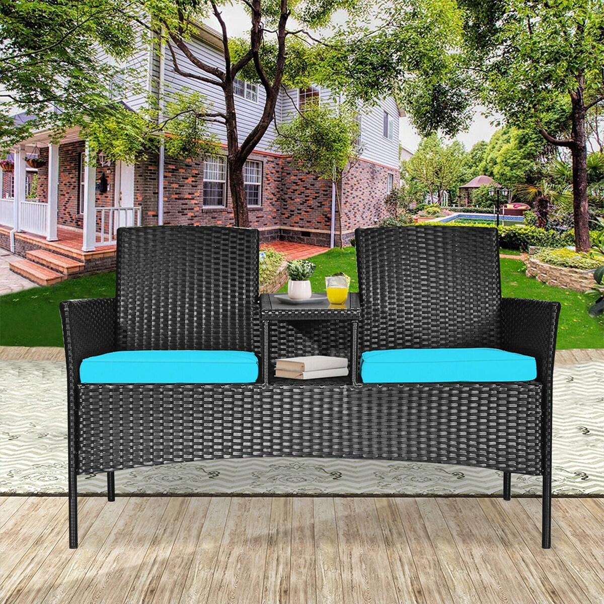 Tangkula Outdoor Rattan Furniture Wicker Patio Conversation Chair W/Cushions Turquoise
