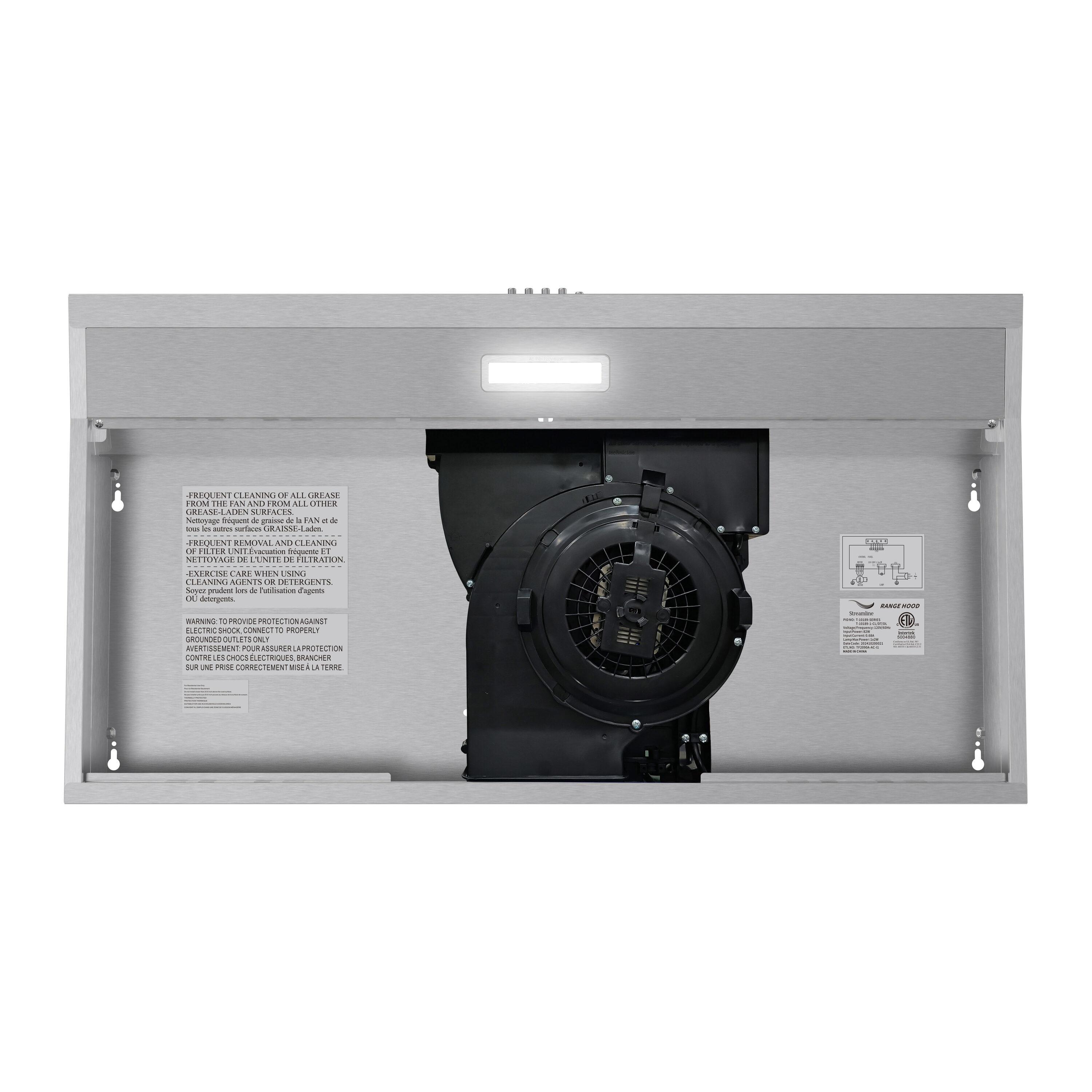 Streamline 36 In. T-10189-1-CL Grosetto Convertible Undermount 80 CFM Range Hood In Brushed Stainless Steel With Mesh Filters, Push Button Control, LED Light