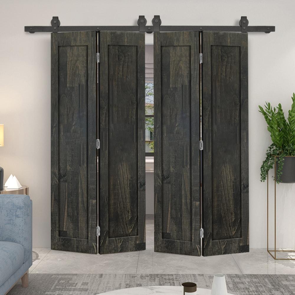 Calhome 1 Panel Shaker Pine Wood Double Bi-Fold Door with Sliding Barn Door Hardware Kit