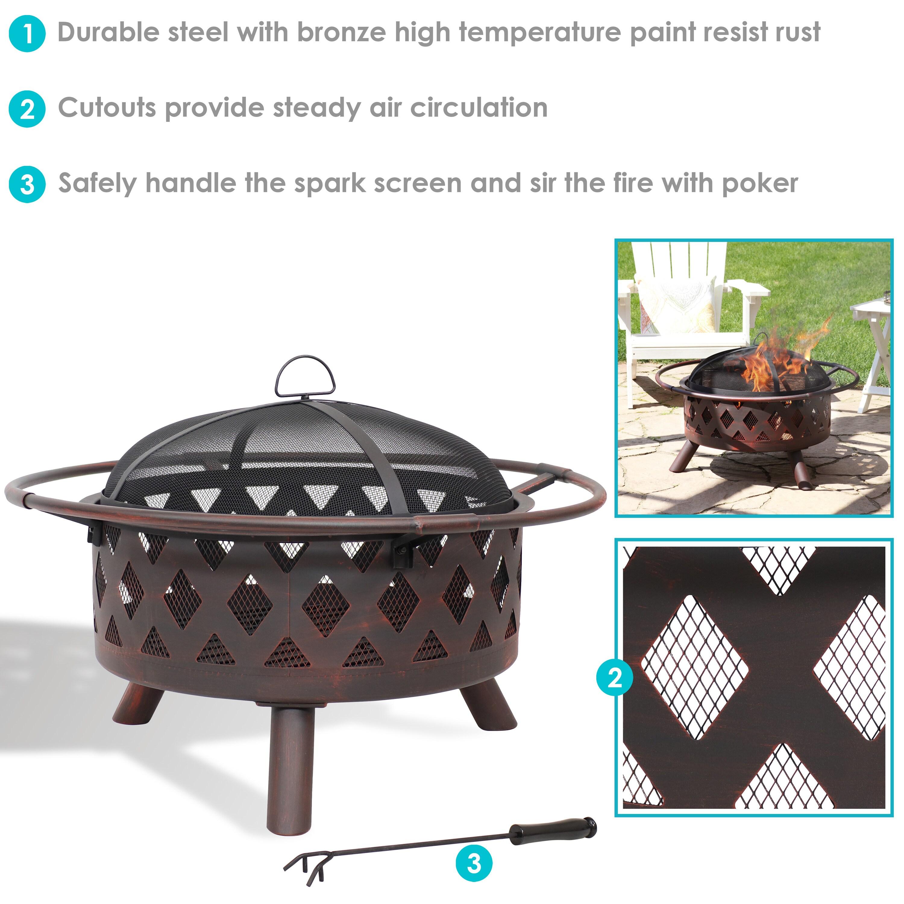 Alcott Hill® Mast Round Wood-Burning Bronze Finish Crossweave Fire Pit with Screen and Poker