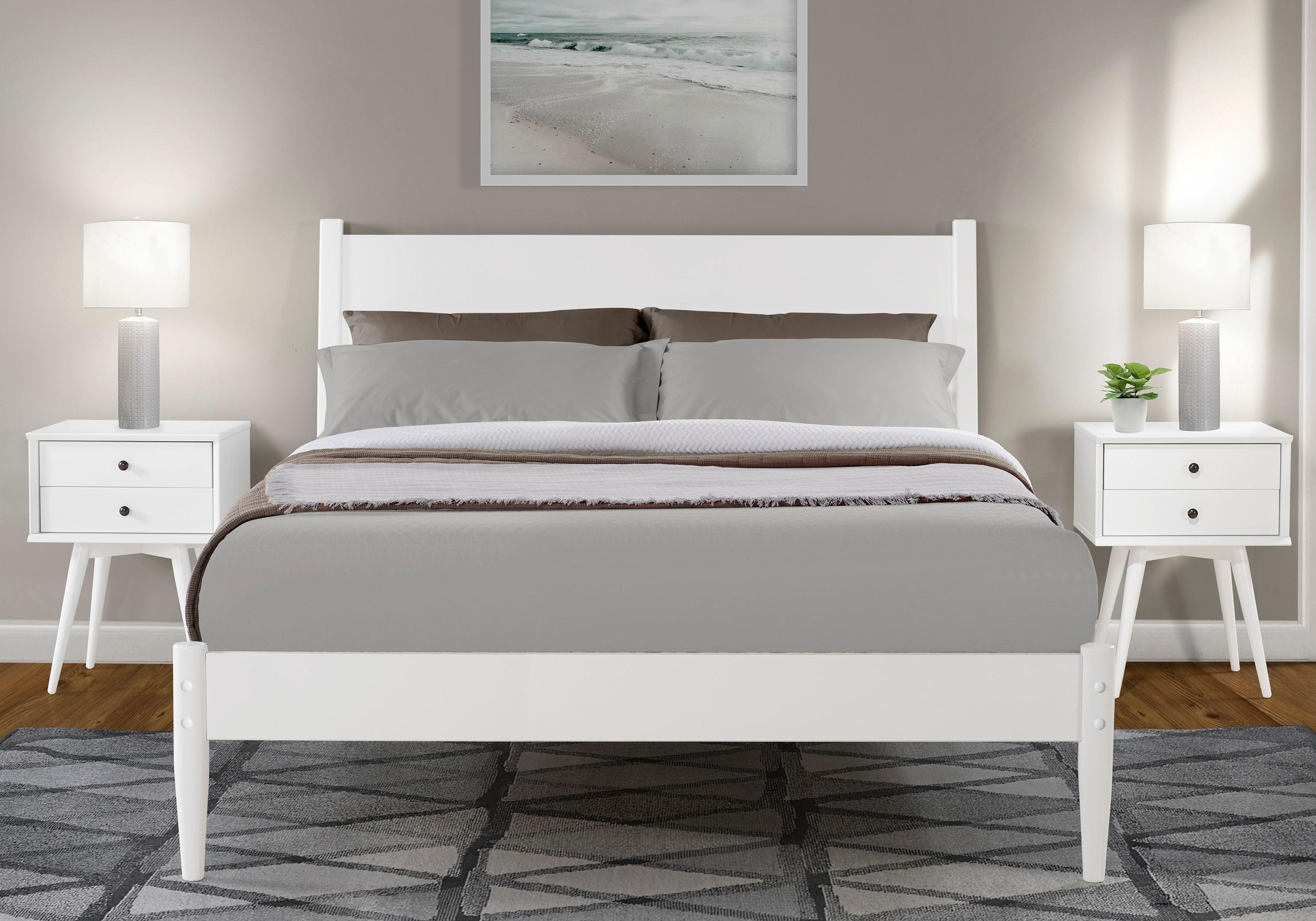 Camaflexi Mid Century Platform Bed Wood Panel Bed Frame with Headboard, Queen, White