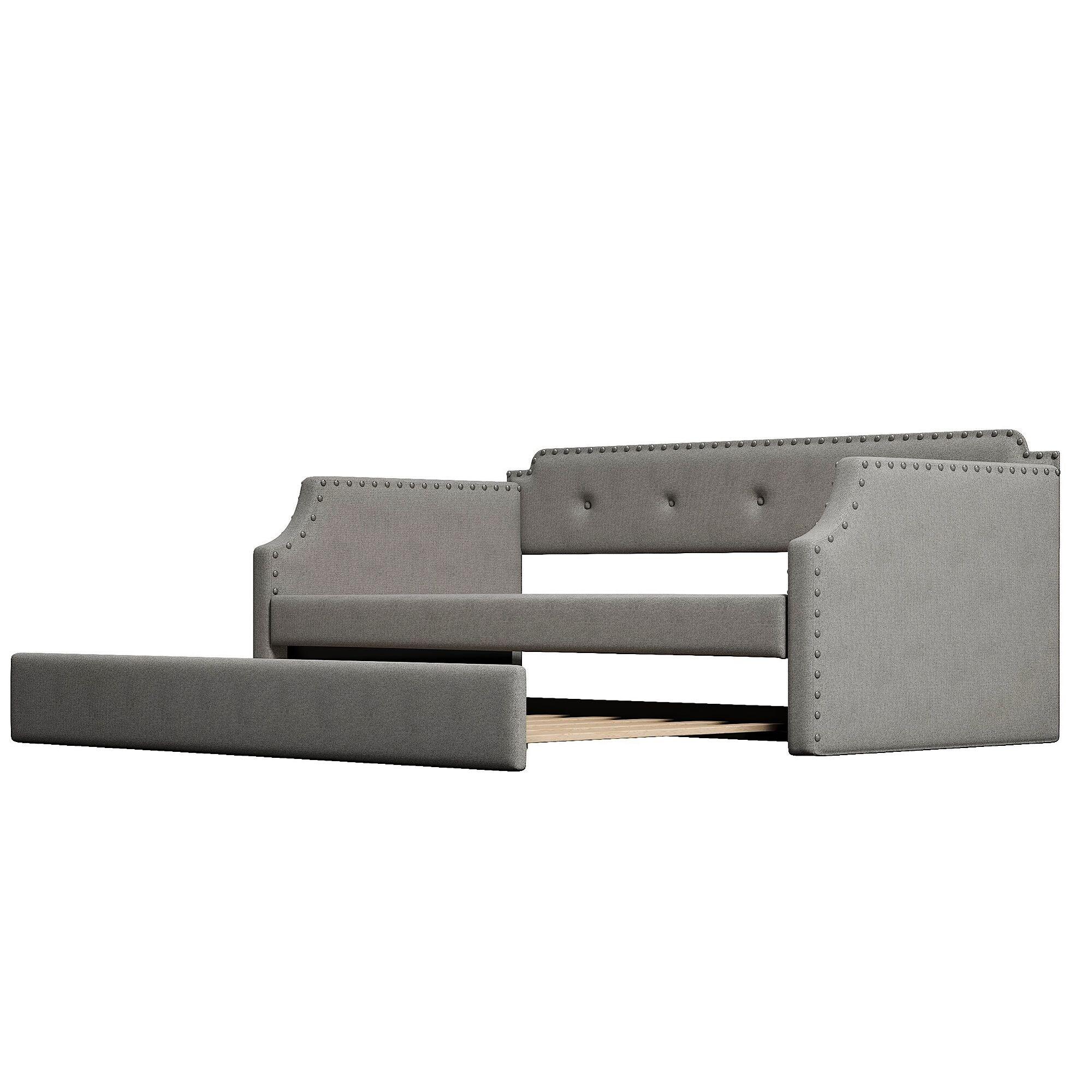 Gray Twin Upholstered Daybed with Trundle and Nailhead Trim