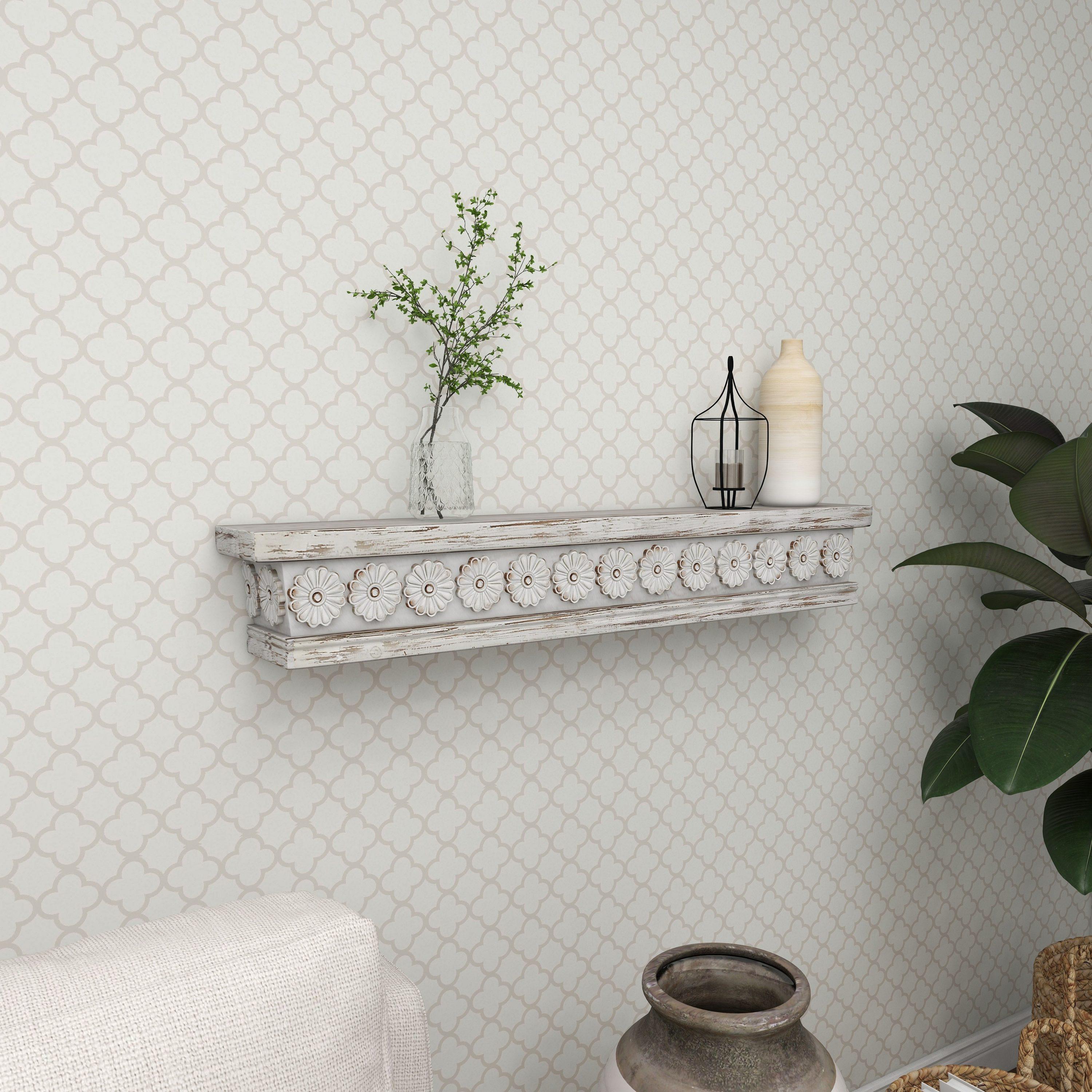 DecMode 36" x 5" Intricate Carved 1-Tier White Floral Wall Shelf