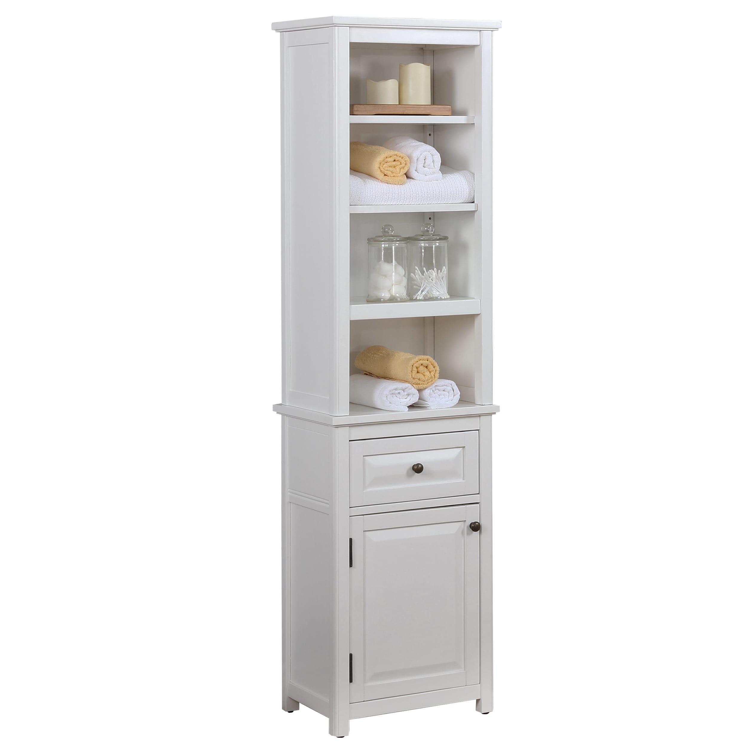 Alaterre Furniture Dorset Bathroom Storage Tower with Open Upper Shelves, Lower Cabinet and Drawer: Hardwood Linen Tower