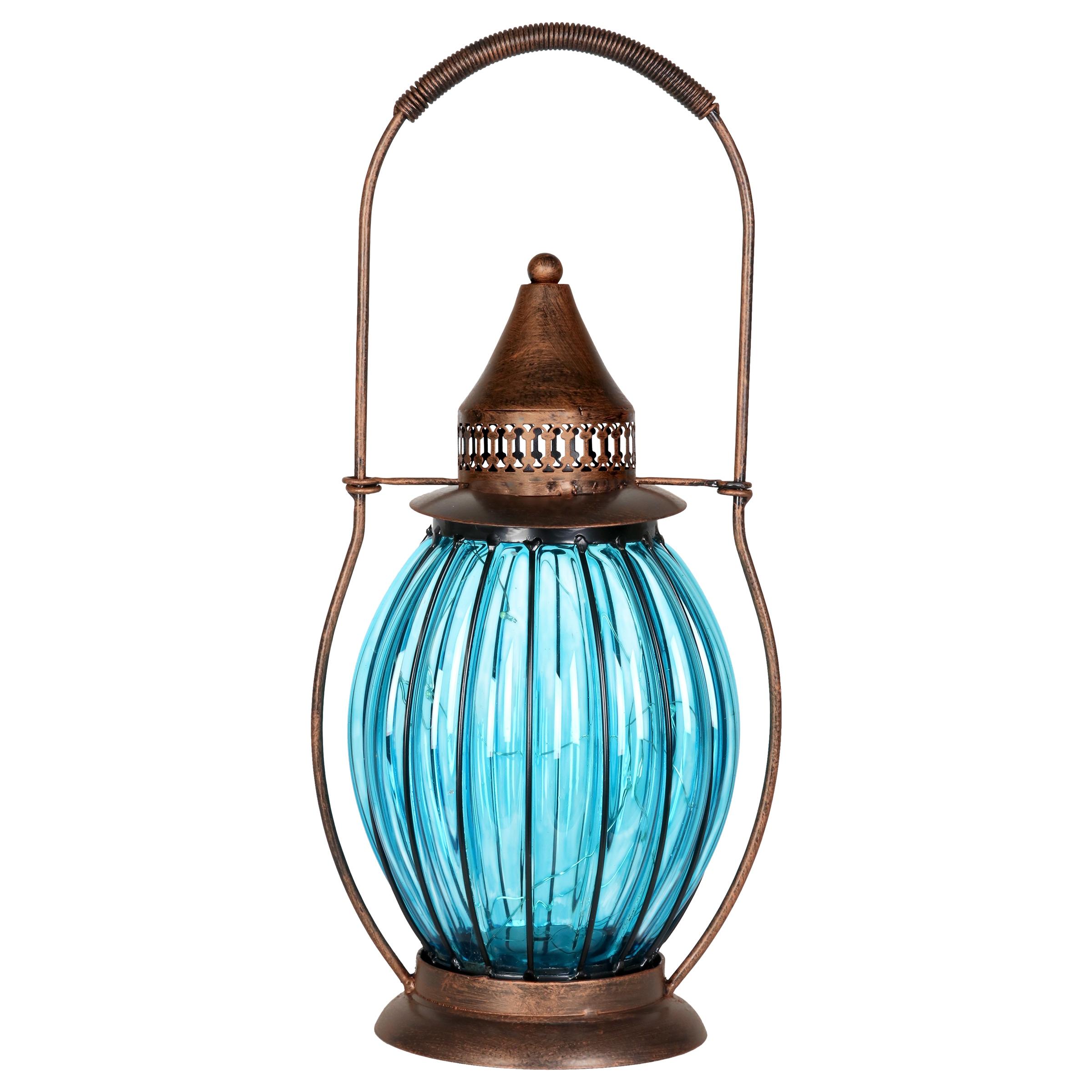 Exhart Exhart Solar Antique Metal and Glass Accent Lantern with Fifteen LED Fairy Firefly String Lights, 7 by 14"
