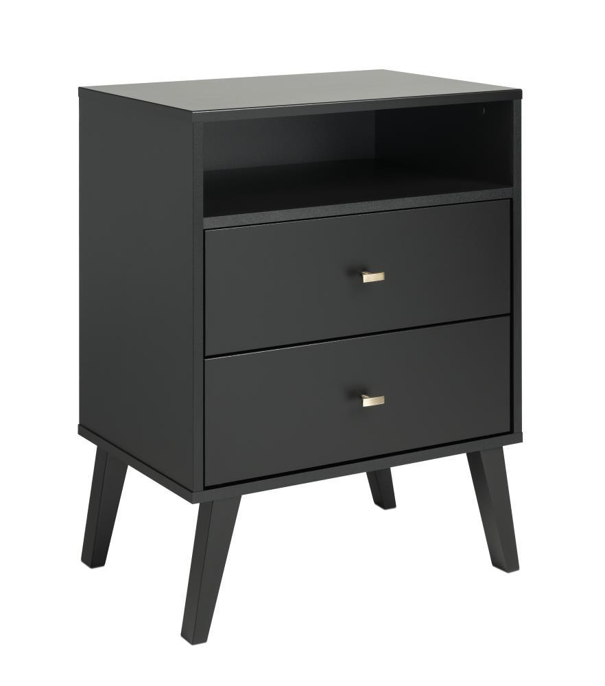 Mid Century Modern 2 Drawer Tall Nightstand with Shelf Black - Prepac: Brushed Brass Knobs, Wood Legs