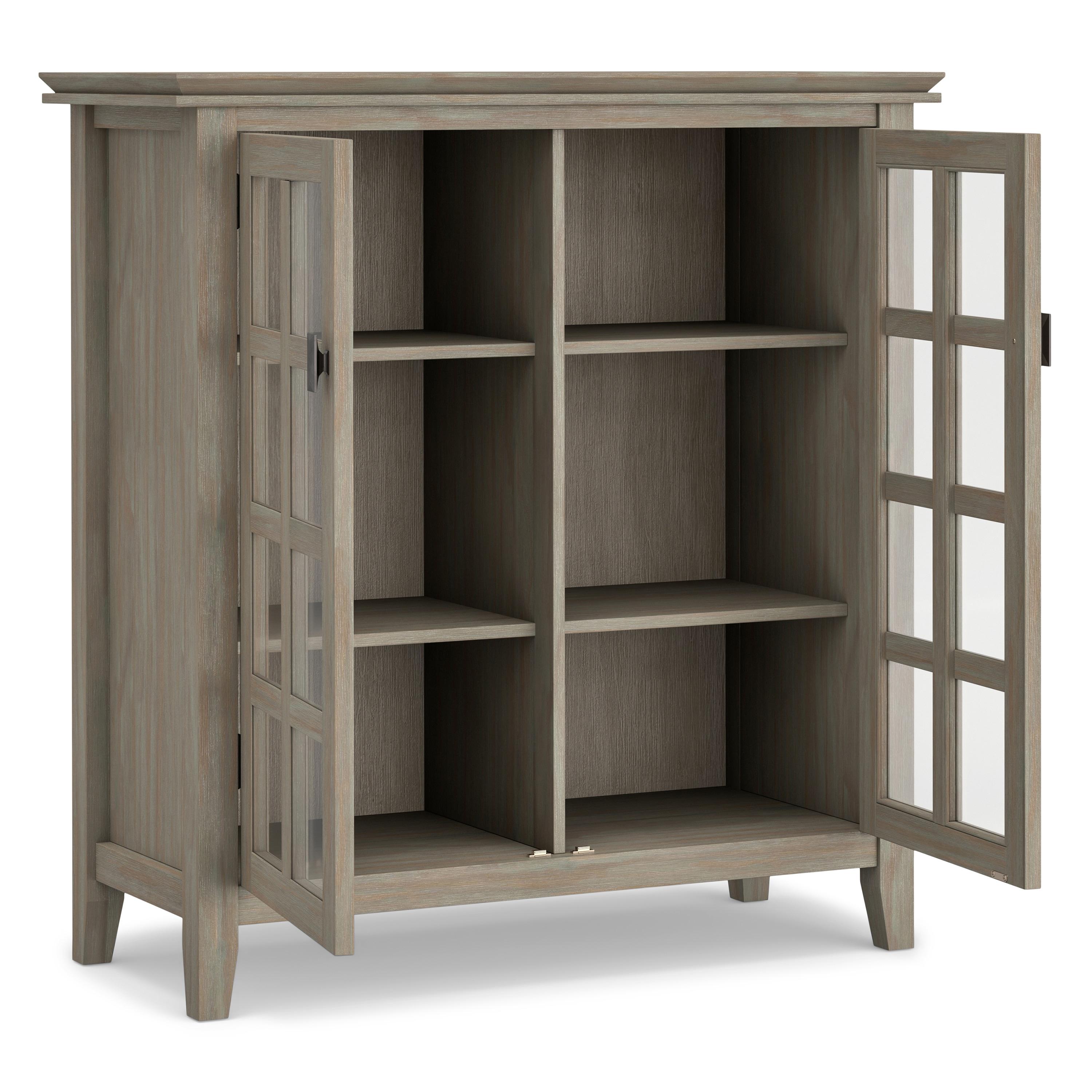 Simpli Home Artisan 38"W Solid Wood 4-Shelf Medium Storage Cabinet with Glass Doors and Adjustable Shelves