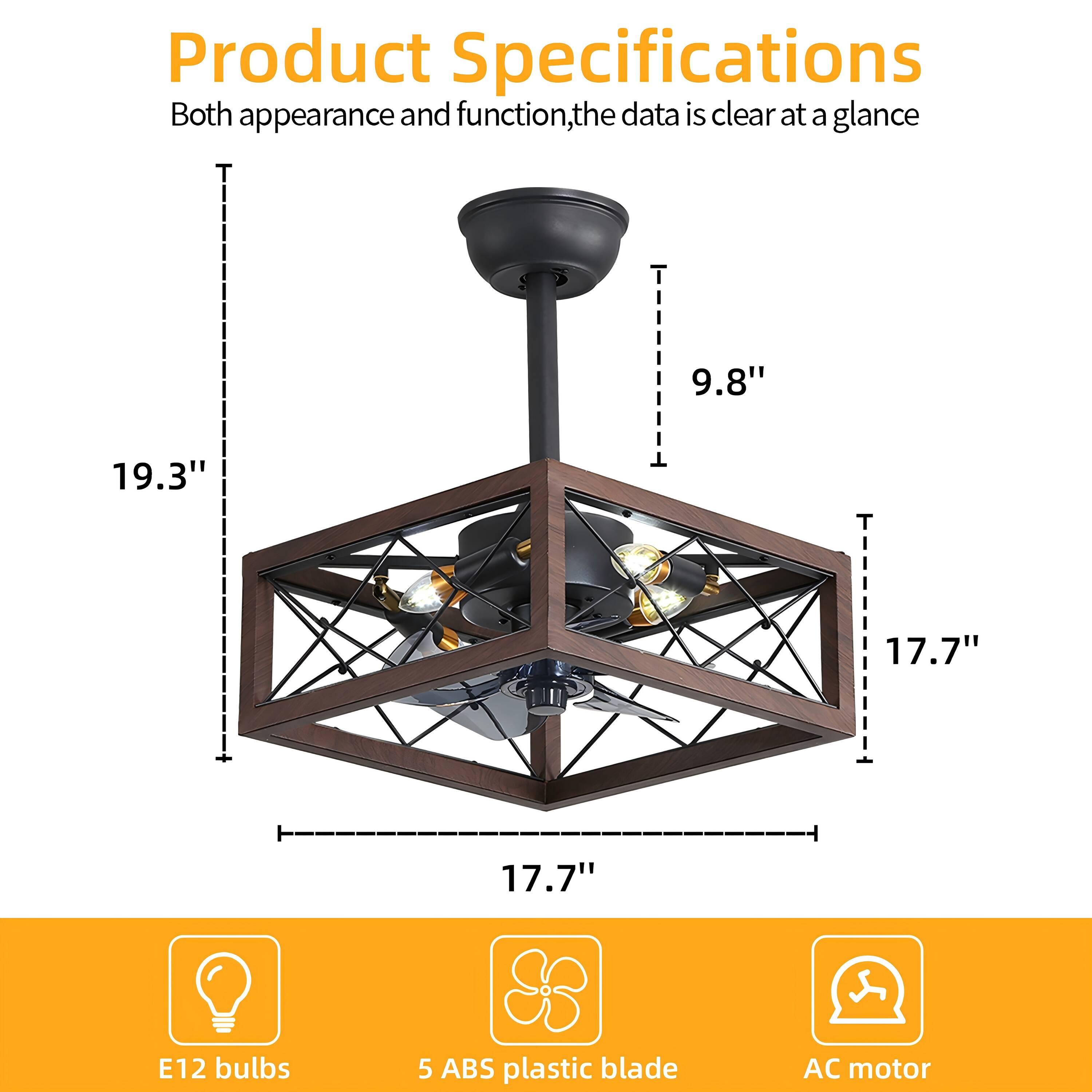 Yesurprise Caged Ceiling Fan with Lights, 18" Square Ceiling Fan with Remote & APP Control, 5 ABS Blades, 6 Speed Wind, Reversible DC Motor, 1H/2H/4H Timing for Living Room (Bulbs Include)