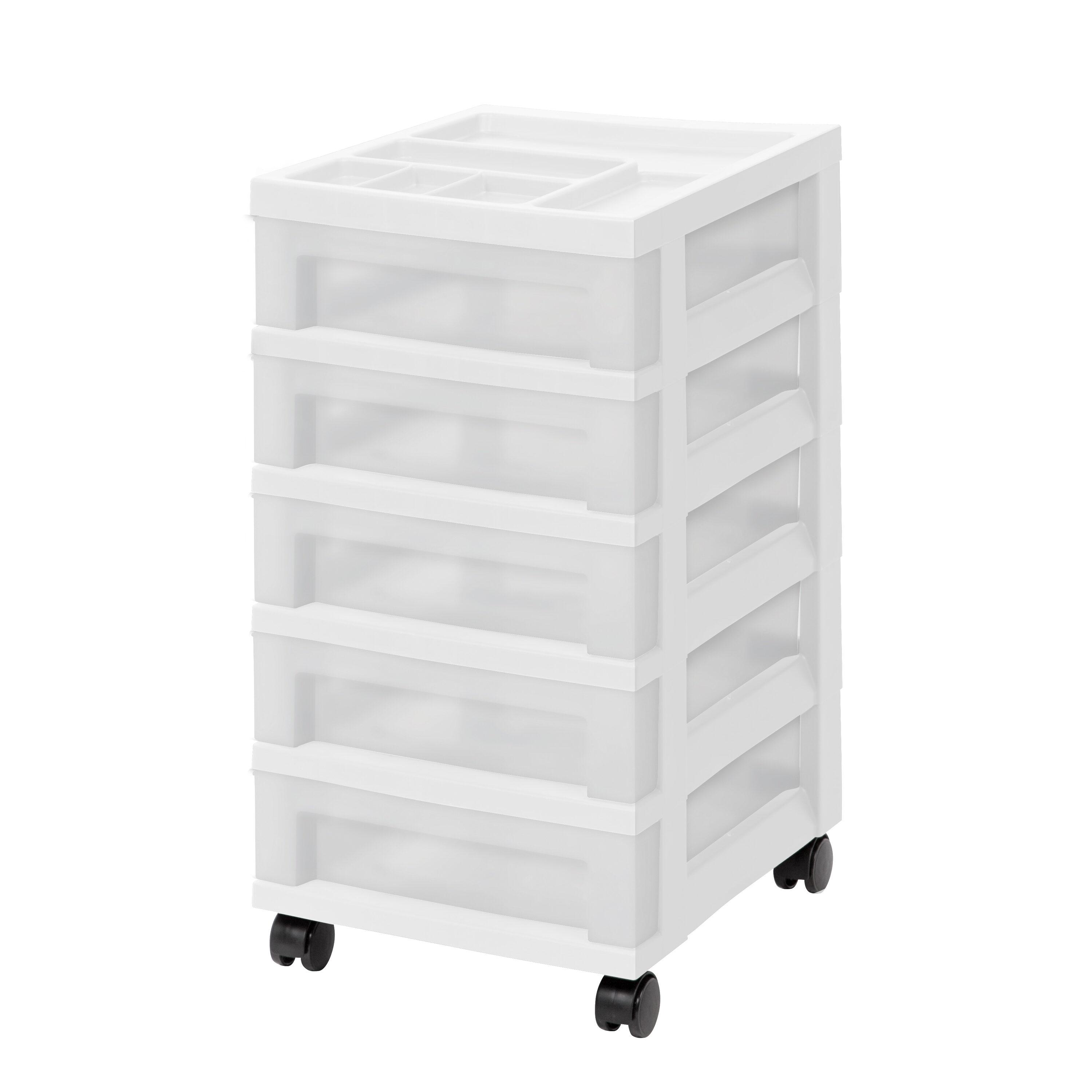 White 5-Drawer Plastic Storage Tower with Organizer Top