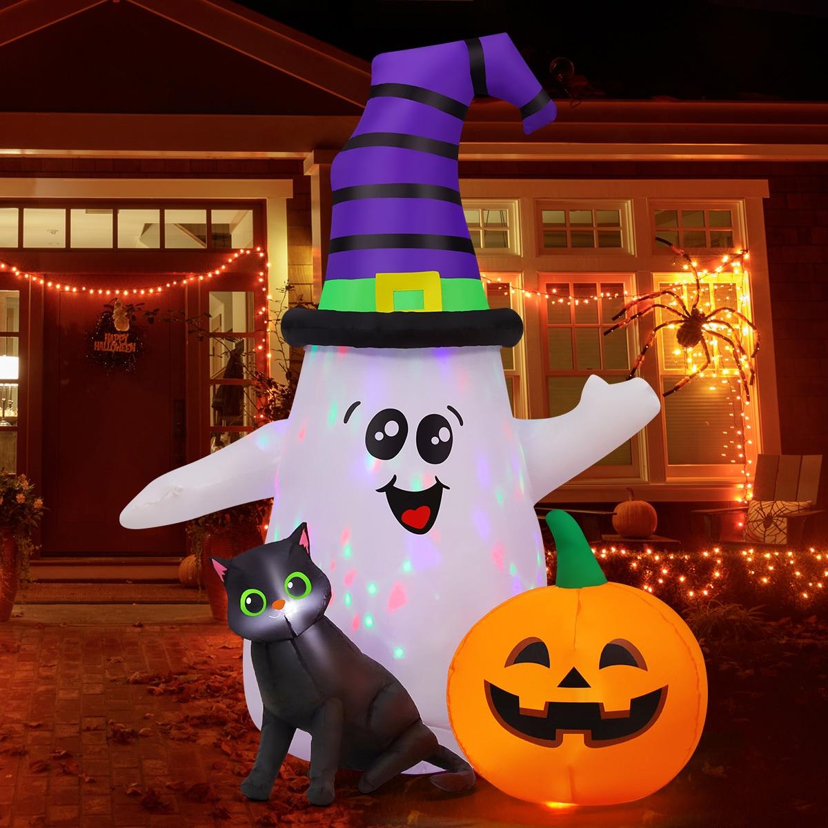 5 FT Halloween Inflatables Ghost Outdoor Decorations Blow Up Yard Cute Wizard Ghost With Pumpkin Black Cat With Built-In Leds For Garden Lawn Indoor Party Decor