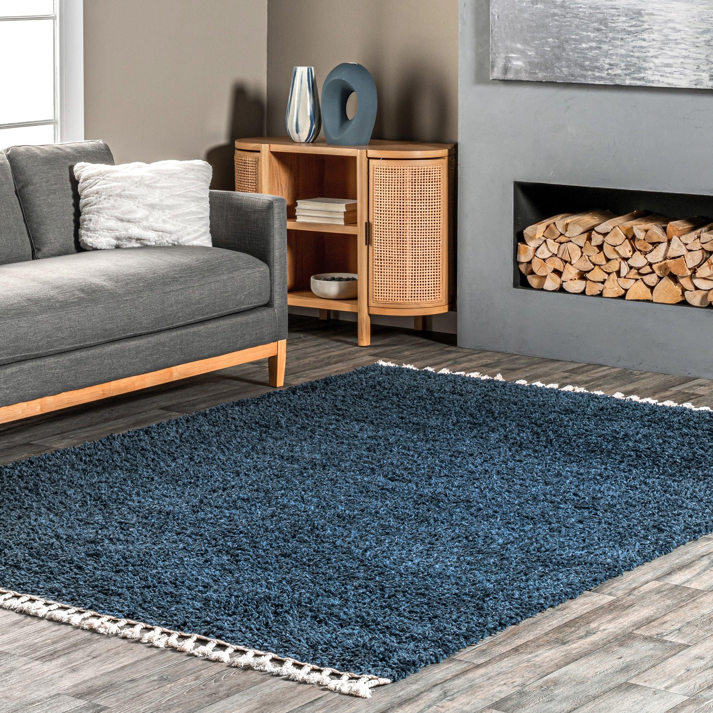 Nuloom Neva Solid 2x3 Accent Shag Indoor Area Rug for Living Room Bedroom Dining Room Nursery Entryway, Navy/Ivory