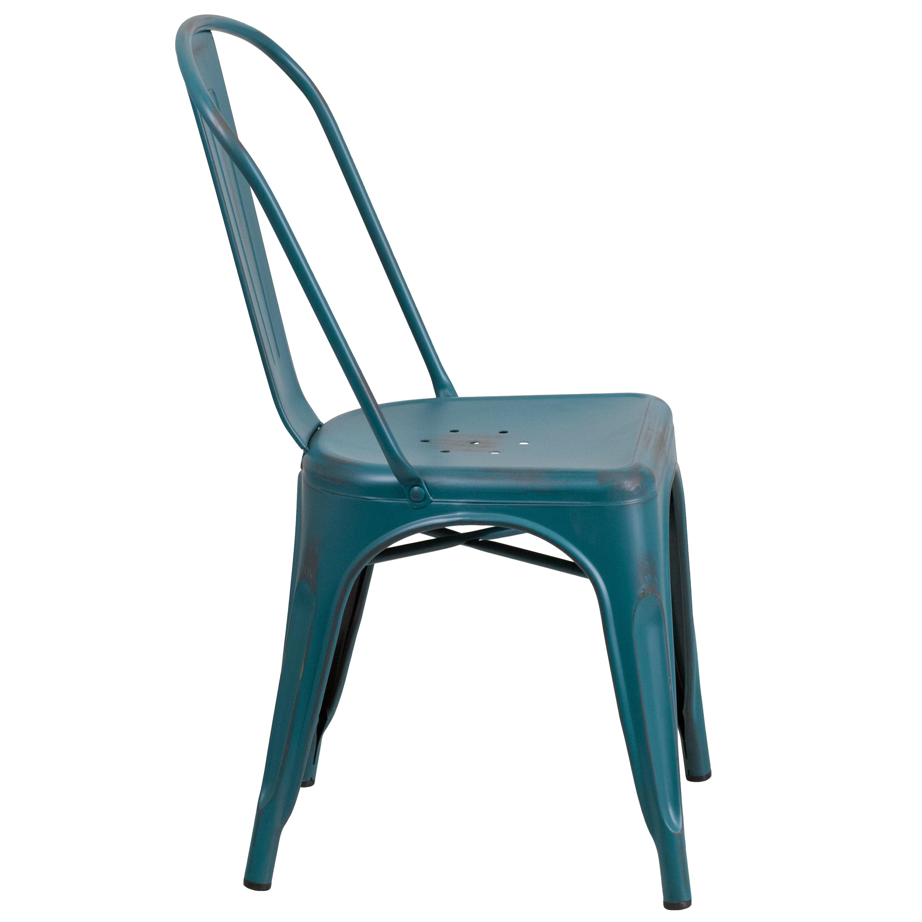 Flash Furniture Commercial Grade Distressed Kelly Blue-Teal Metal Indoor-Outdoor Stackable Chair