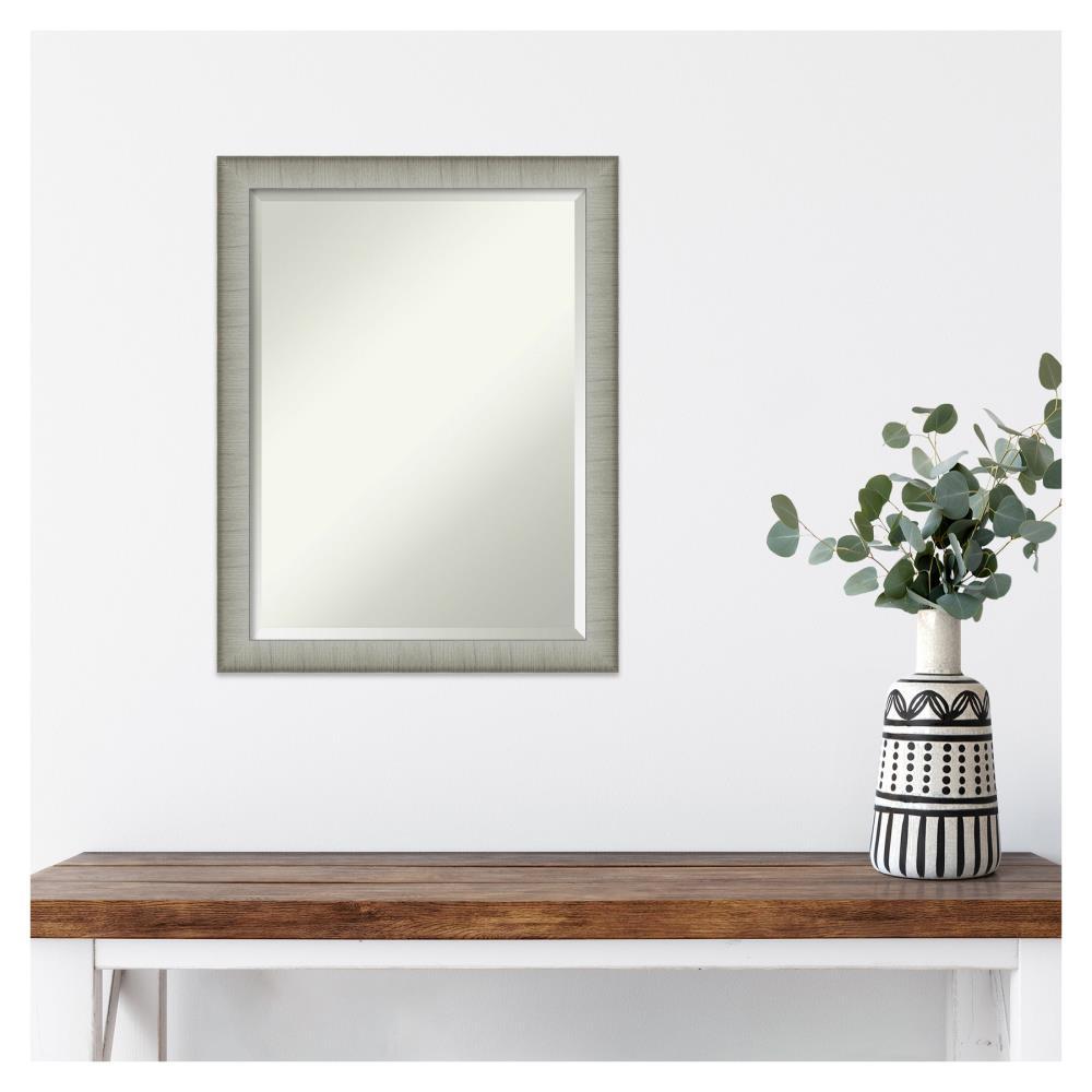 Amanti Art Beveled Bathroom Wall Mirror - Elegant Frame Elegant Brushed Pewter Narrow Outer Size: 21 x 27 in Silver