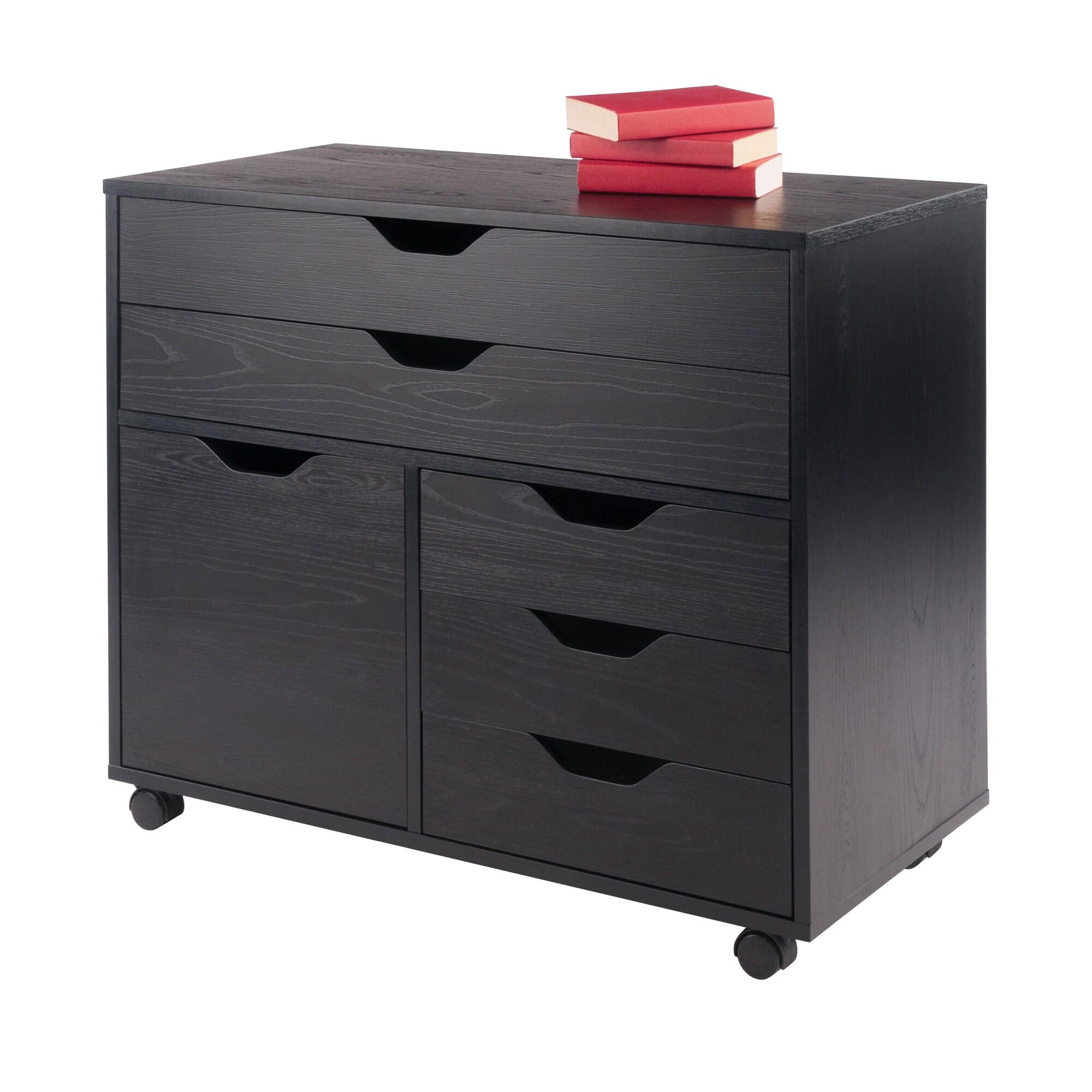 Halifax 3 Section Mobile Storage Cabinet Black - Winsome: MDF Wood Composite, 5 Drawers, 1 Door