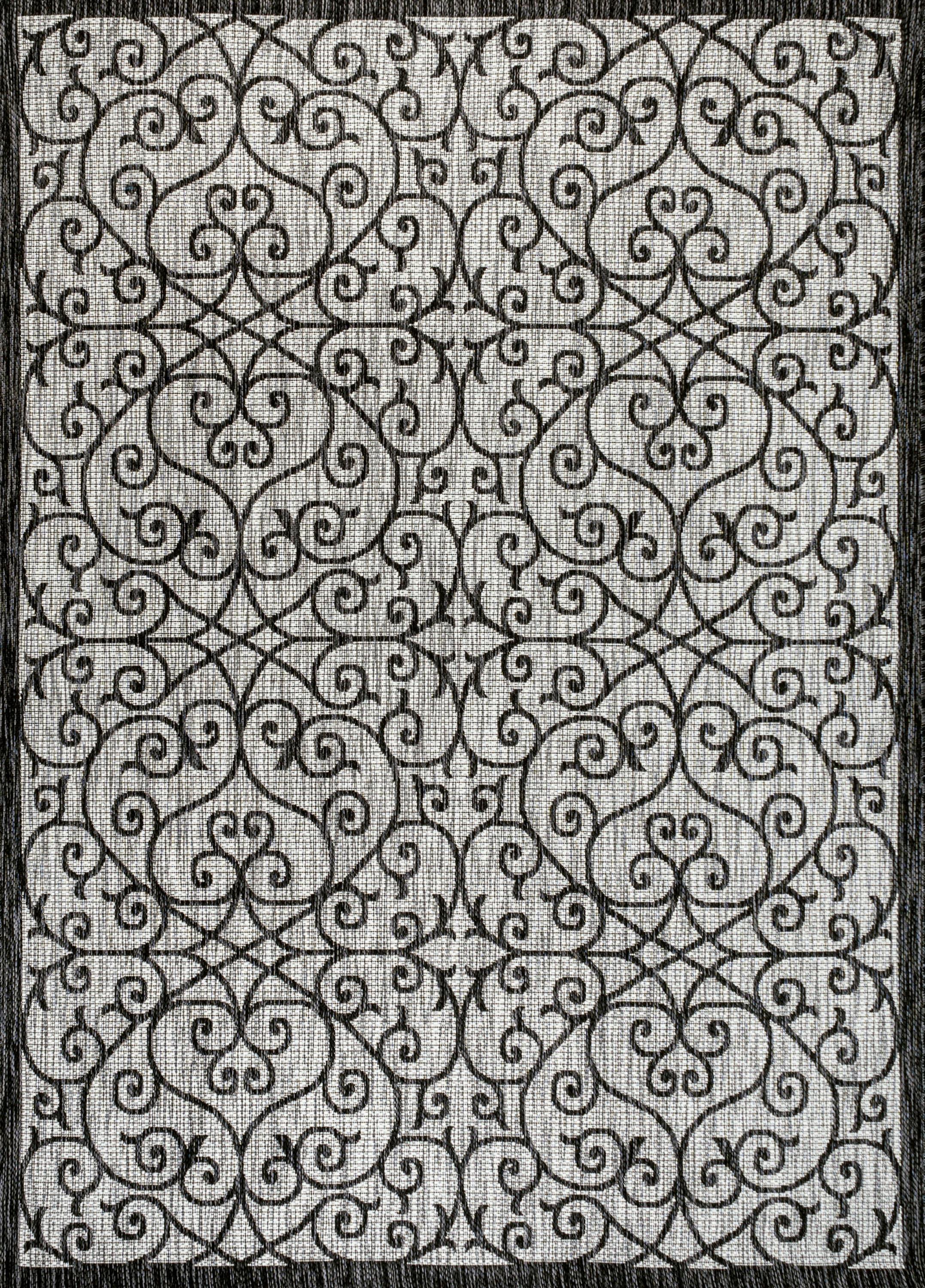 8' x 10' Madrid Vintage Filigree Textured Weave Indoor/Outdoor Area Rug, Light Gray/Black - JONATHAN Y