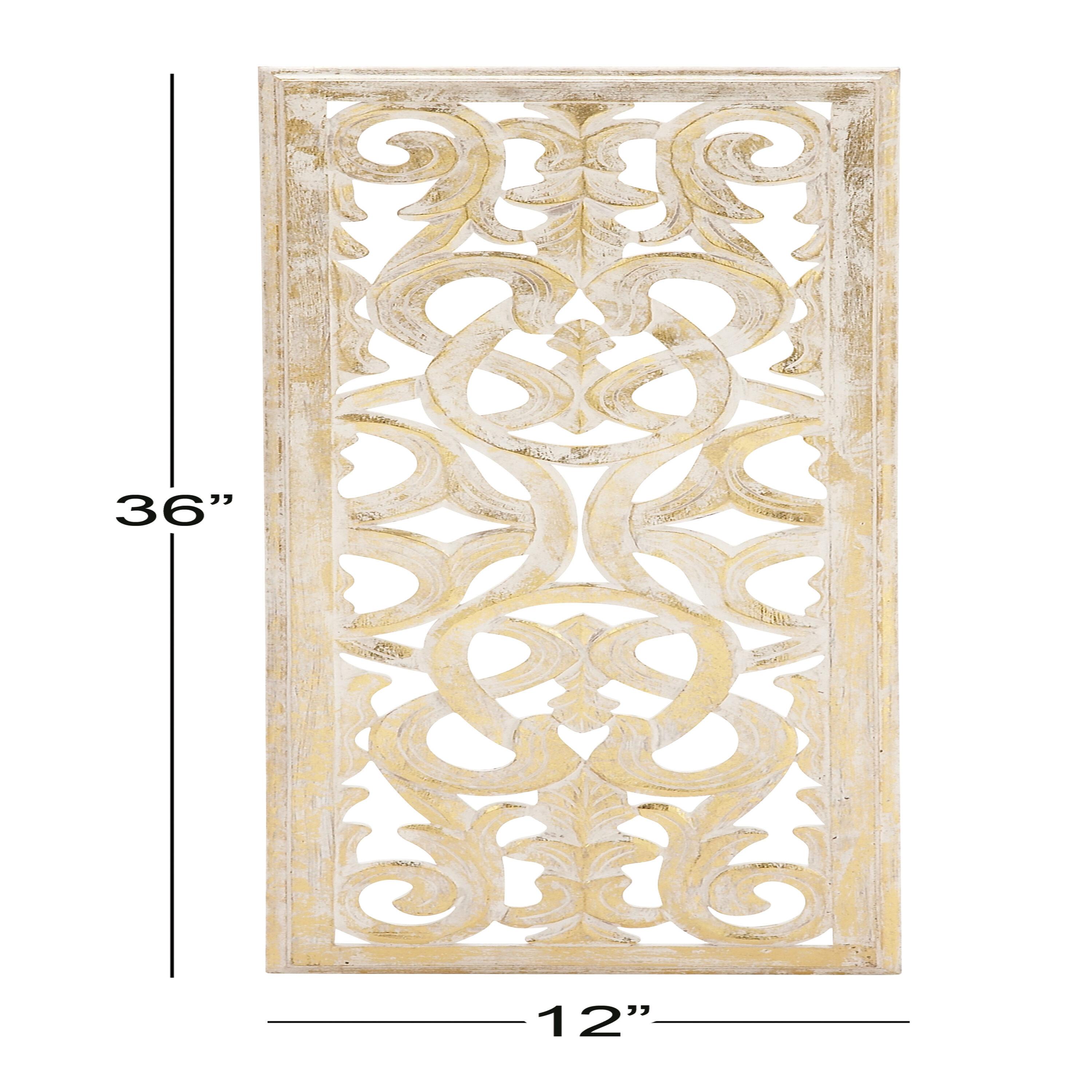 Wooden Handmade Intricately Carved Arabesque Scroll Gold Wall Decor with Cream Backing