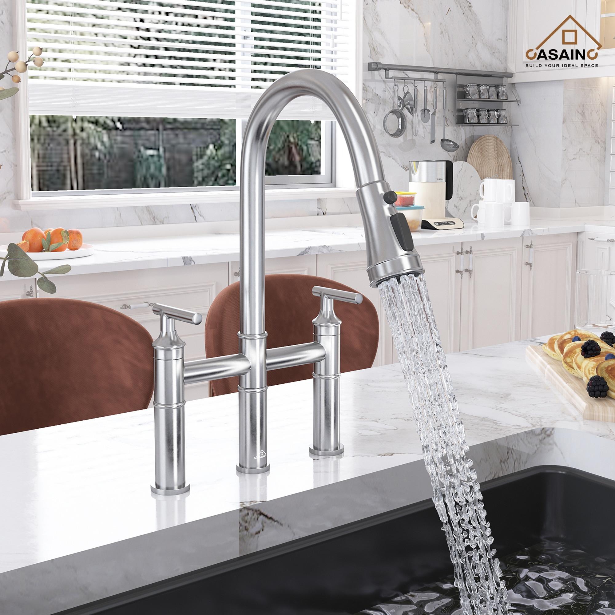 CASAINC Sleek 2-Handle Bridge Kitchen Faucet with Three Function Pull-Down Sprayhead 1.8 GPM KCLT0001-BN