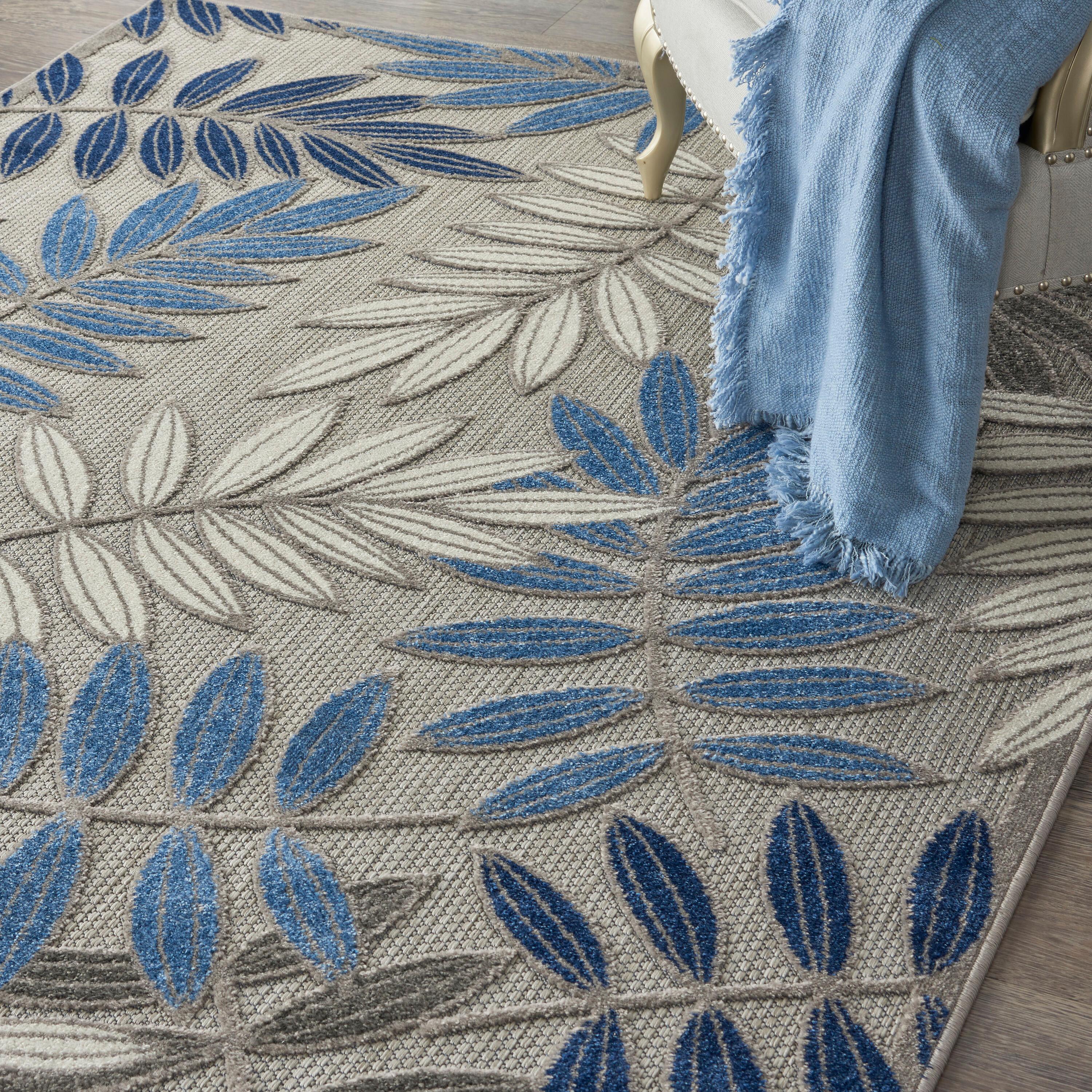 Nourison Aloha Floral Leaf Flatweave High-Low Indoor Outdoor Area Rug Grey/Blue 3'6" x 5'6"