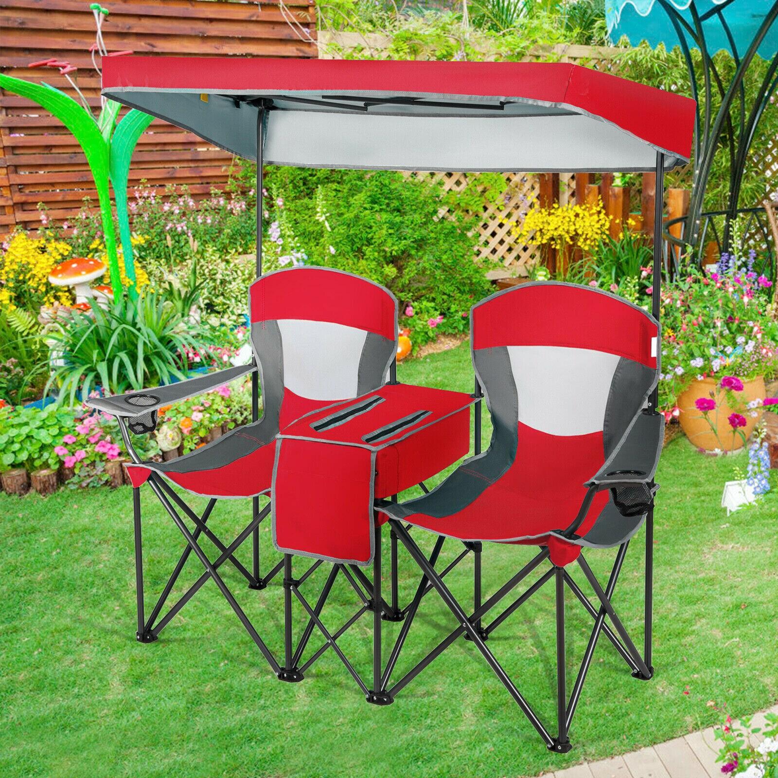 Costway Portable Folding Camping Canopy Chairs w/ Cup Holder Cooler Outdoor Red
