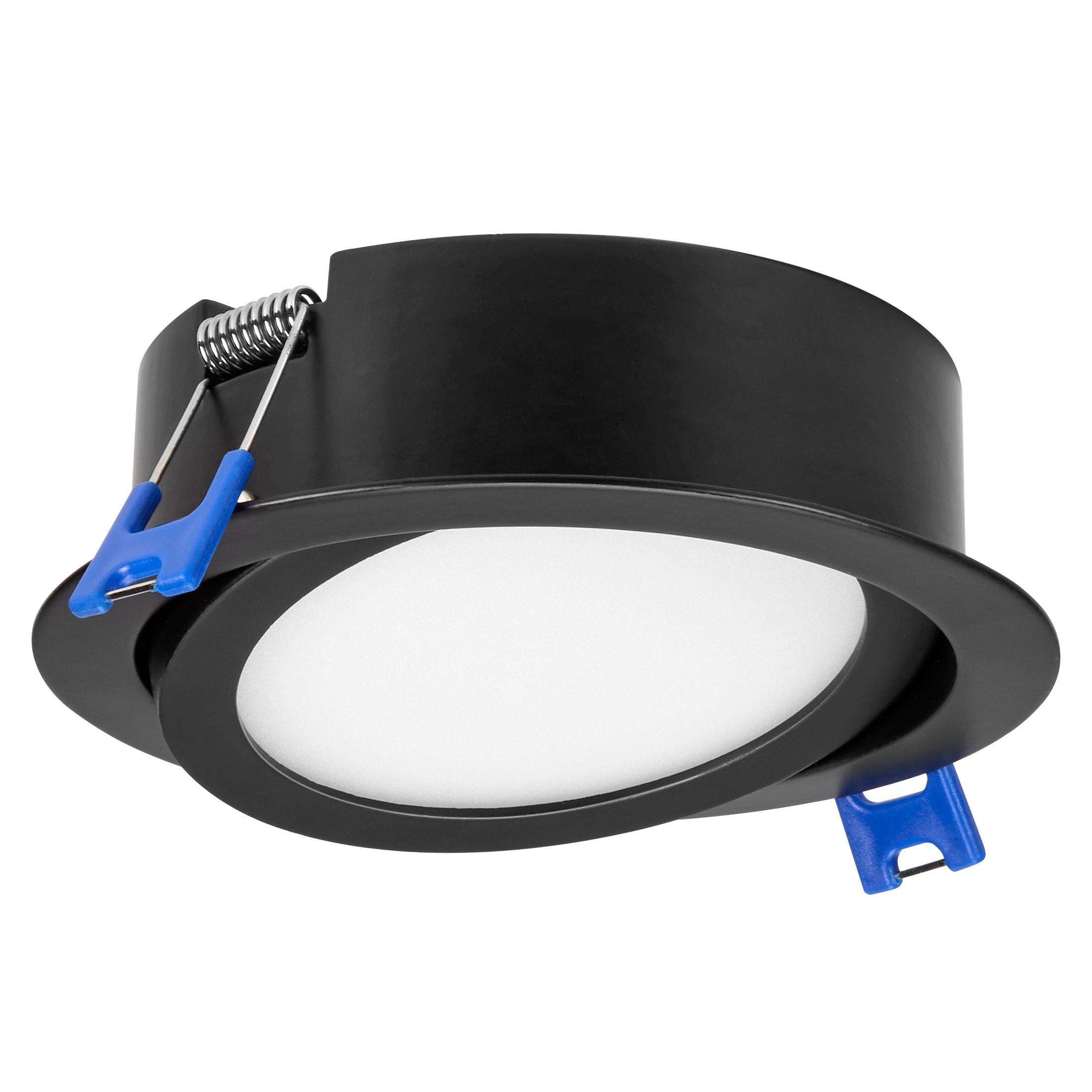 Maxxima 4 in. 5 CCT Ultra-Thin Recessed LED Gimbal Downlight 700 Lumens, Color Selectable 2700K-5000K (2700K/3000K/3500K/4000K/5000K), Dimmable, Canless, Slim IC Rated, Black Trim, J-Box Included