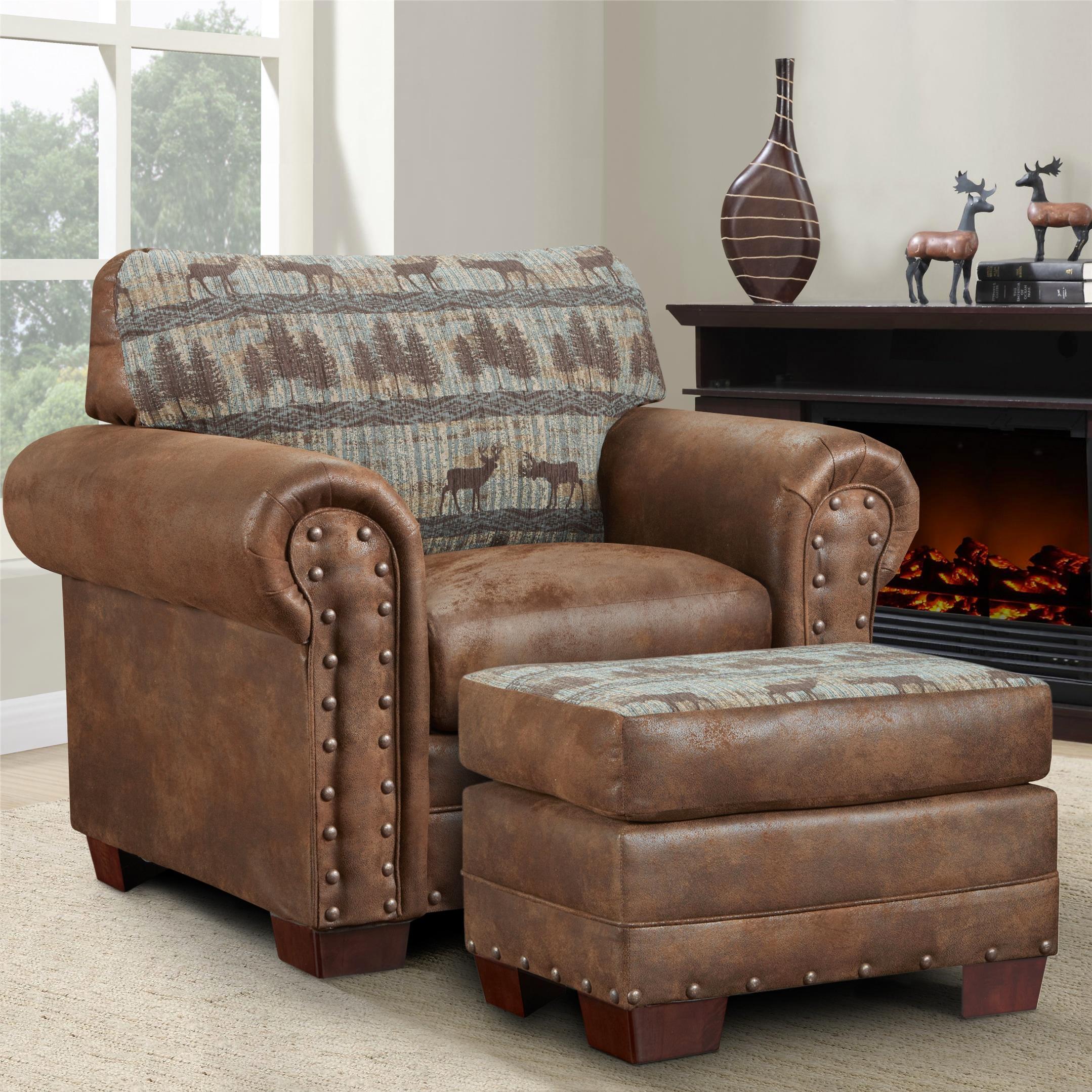 Brown Microfiber and Wood Rustic Accent Chair with Ottoman