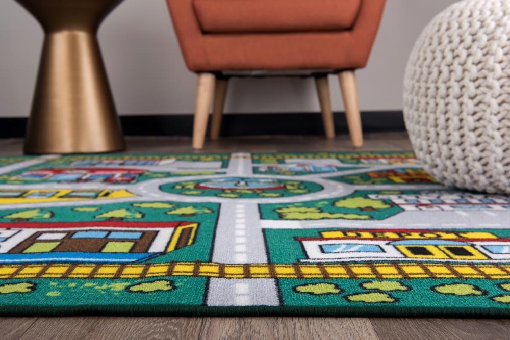 World Rug Gallery Kids Educational Learning City Life Road Non Slip Area Rug - Green 5' x 7'