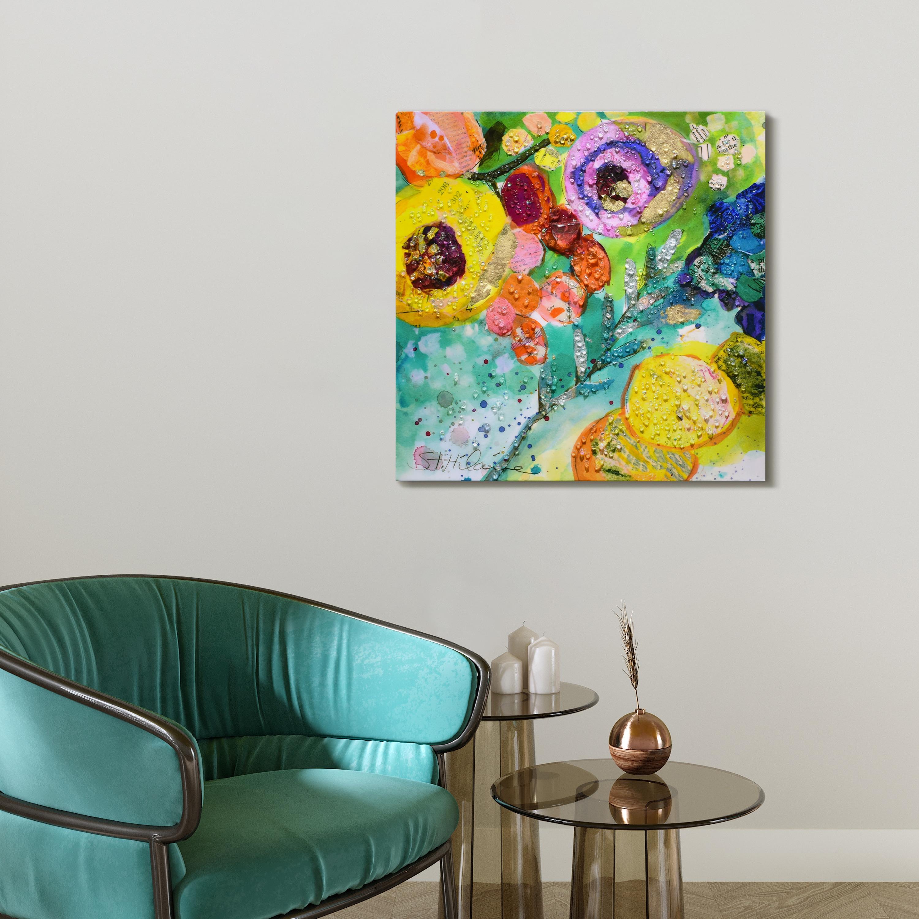 "Floral Radiance II" Crystallus Epoxy Coated Wrapped Glossy Canvas Wall Art with Heavy Acrylic Crystal Shards Embellishments