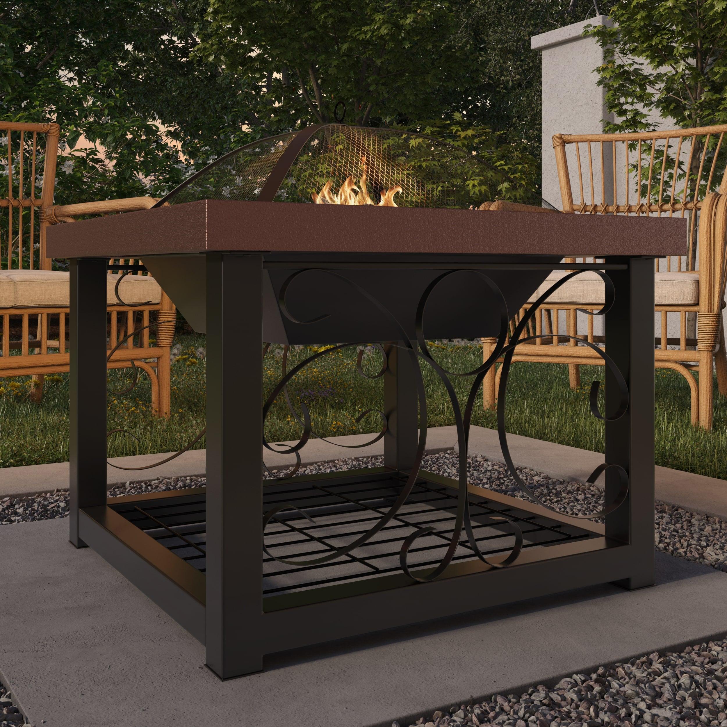 Fire Sense Fire Pit Cocktail Square Table Wood Burning Mesh Spark Screen Wood Grate with Storage Rack – Hammered Bronze Finish