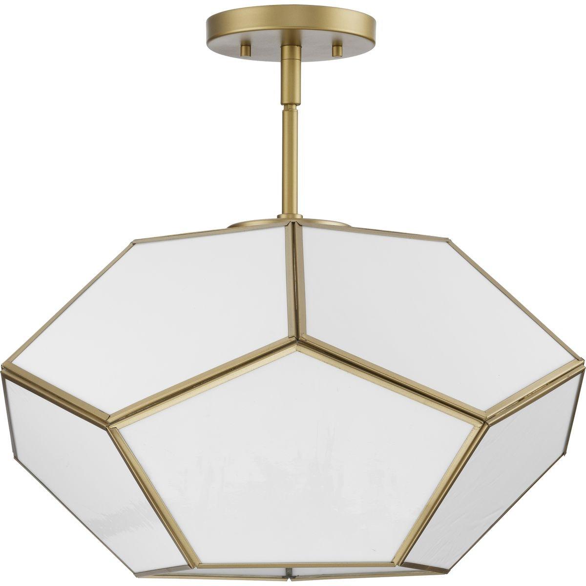 Progress Lighting Latham 3-Light Semi-Flush Mount, Vintage Gold, White Art Glass. Geometric framework with handmade glass.